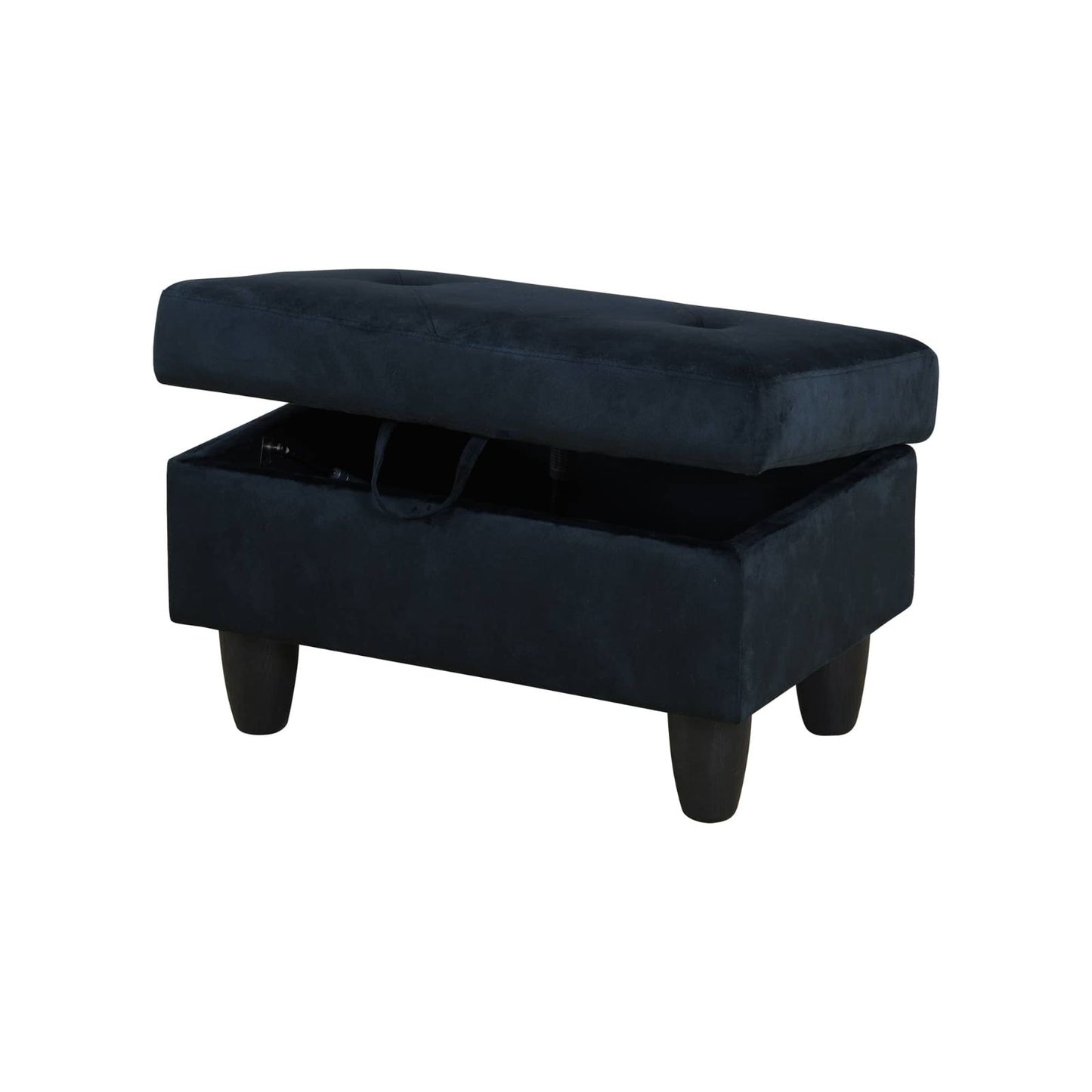 Dark blue velvet storage ottoman with tufted lid and hidden compartment
