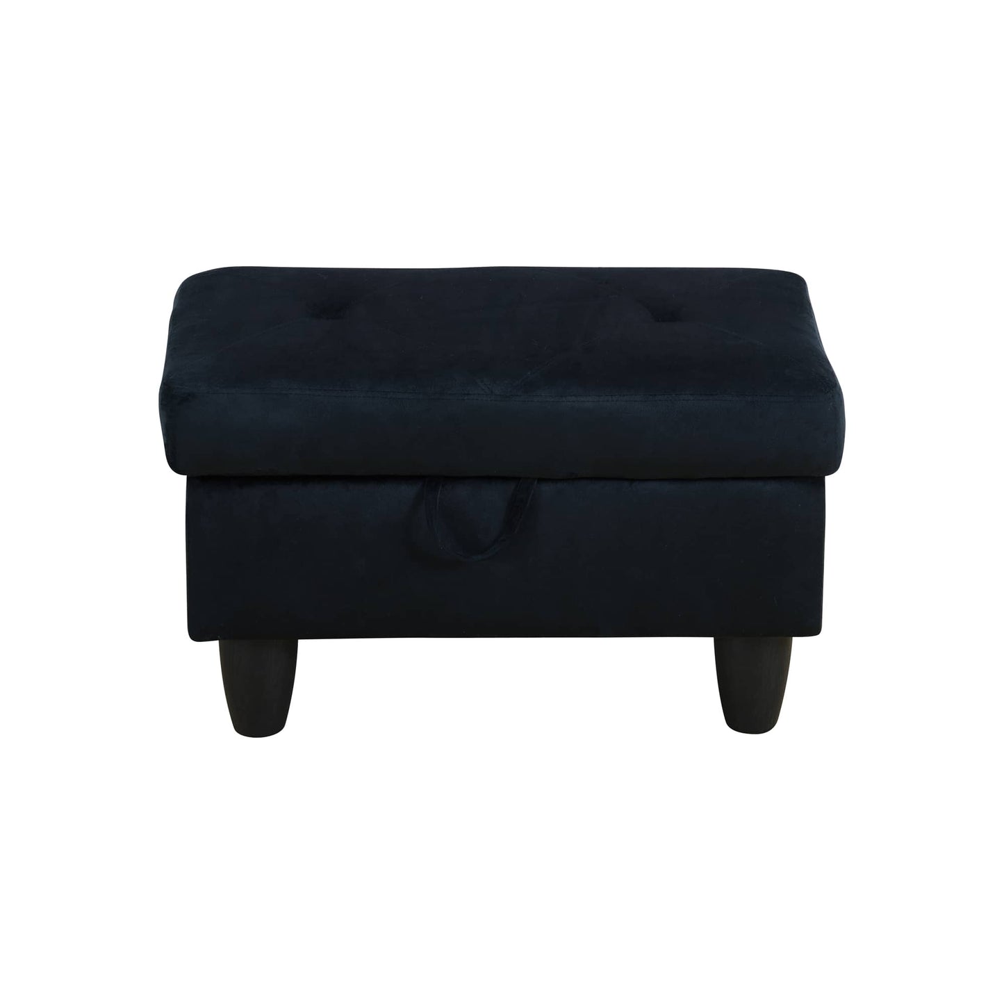 Tufted navy velvet storage ottoman with wooden legs