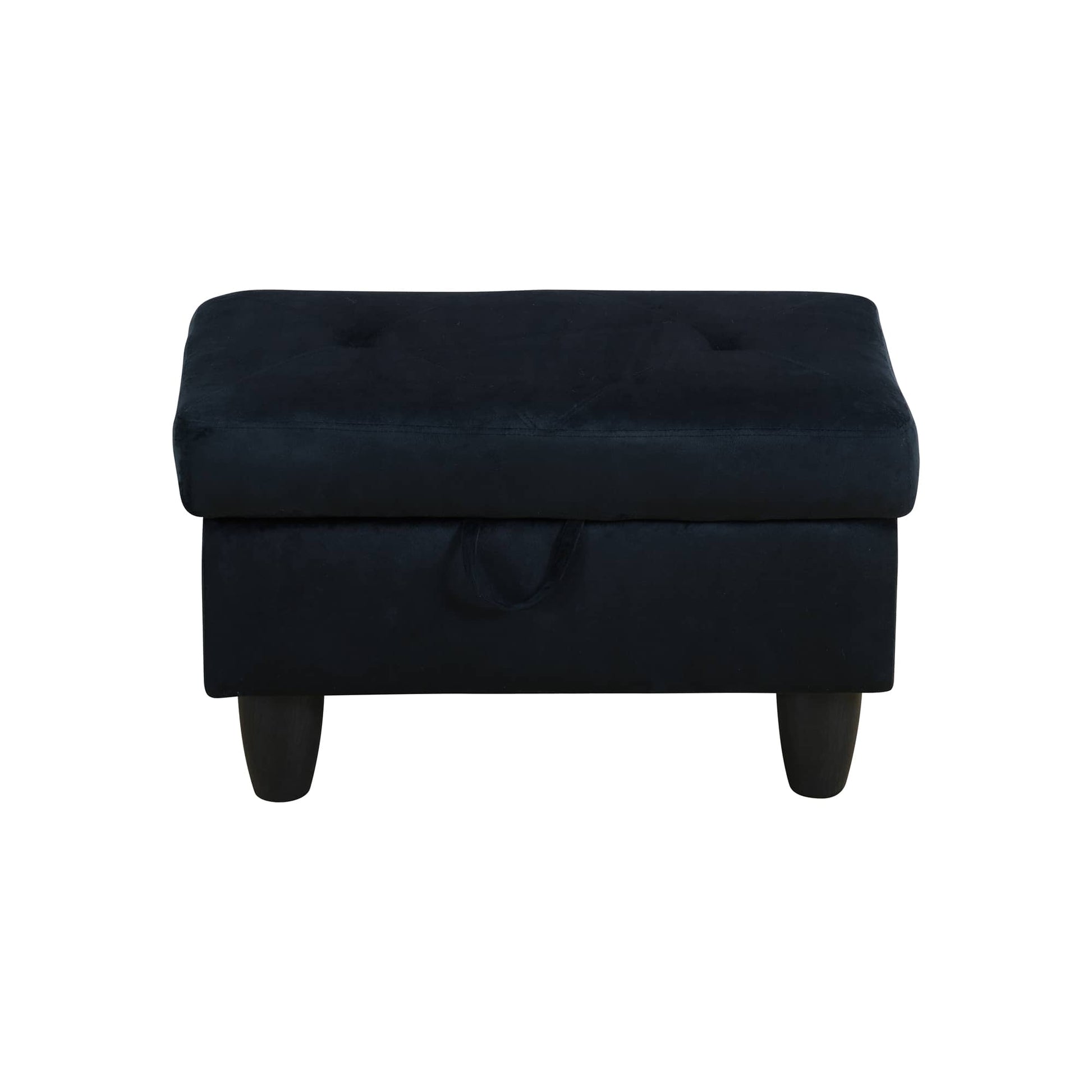Tufted navy velvet storage ottoman with wooden legs