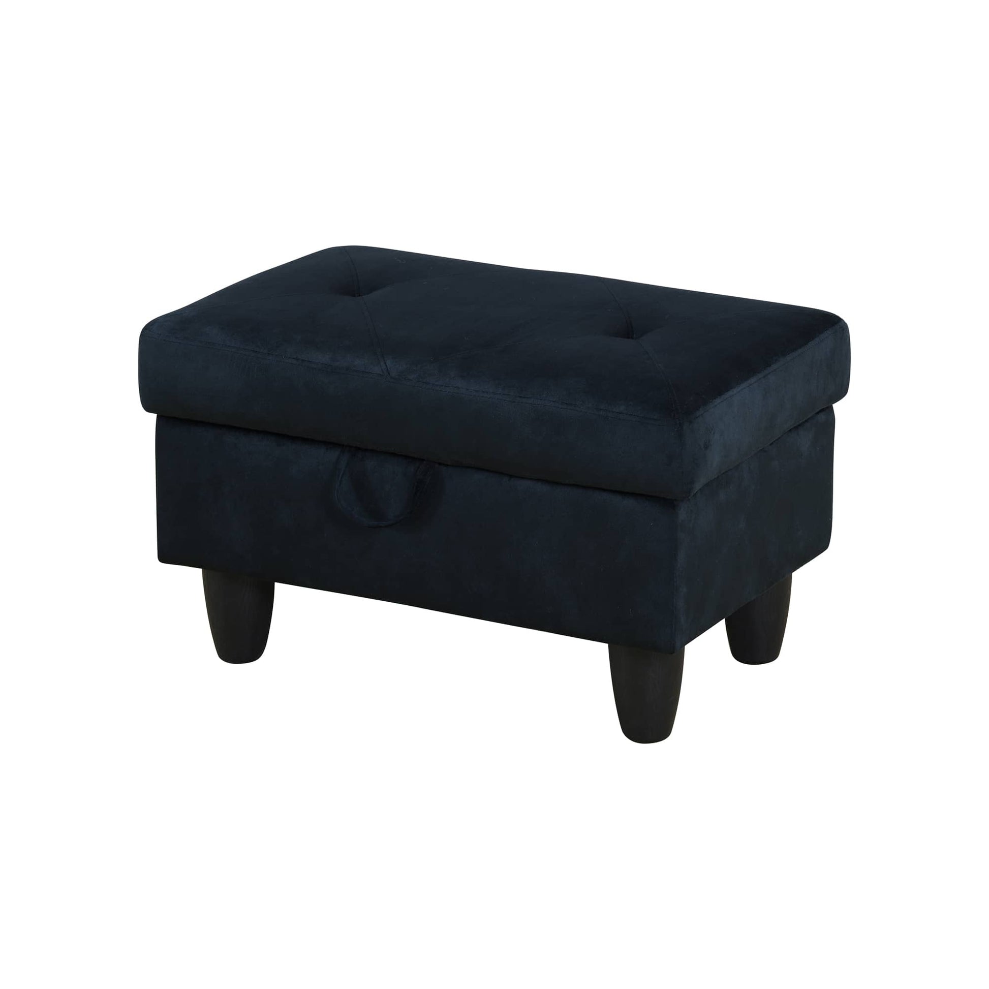 Navy velvet storage ottoman with tufted top and wooden legs