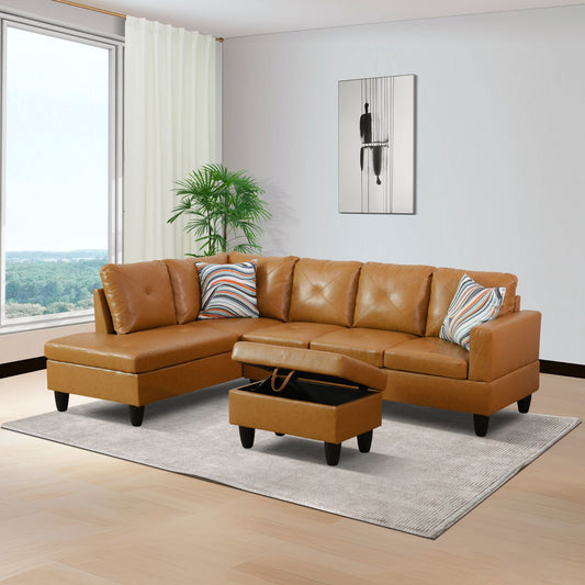 Tan leather sectional sofa with tufted cushions and chaise