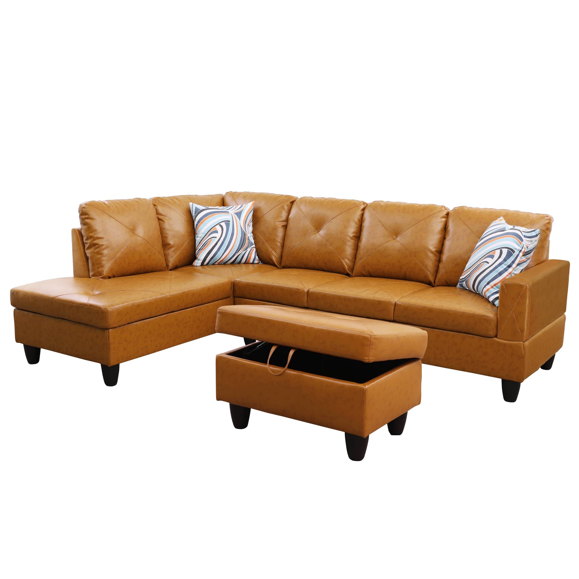 Brown faux leather sectional sofa with ottoman and decorative pillows