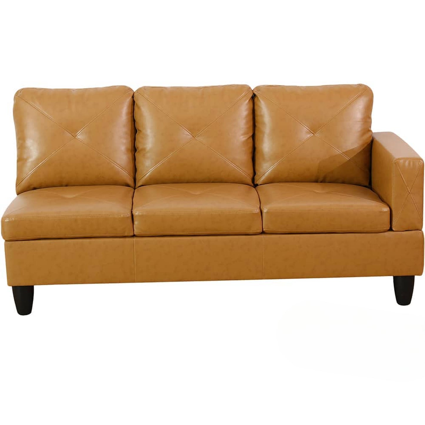 Brown faux leather sofa with tufted cushions and right armrest