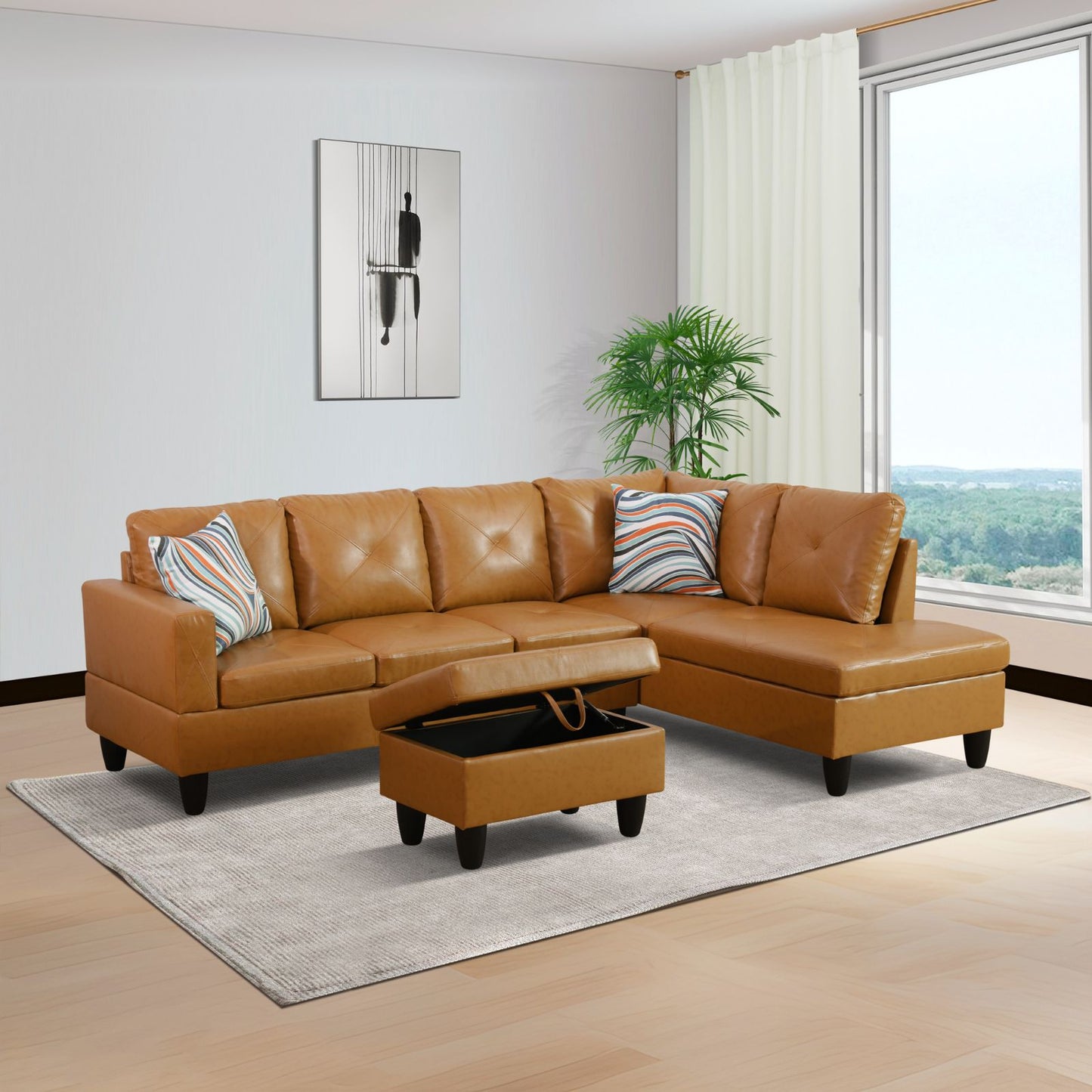Tan faux leather sectional sofa with storage ottoman and striped pillows