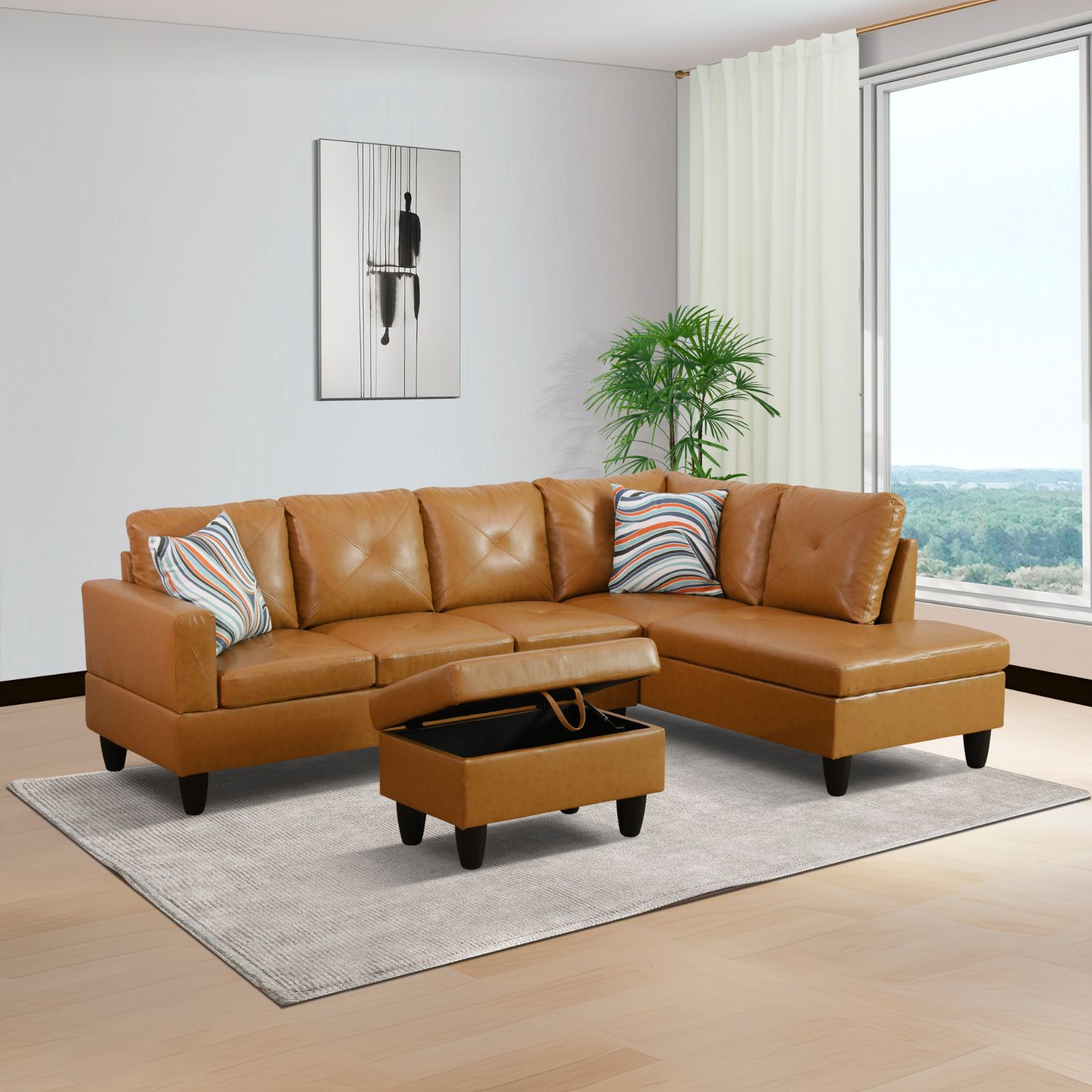 Tan faux leather sectional sofa with storage ottoman and striped pillows
