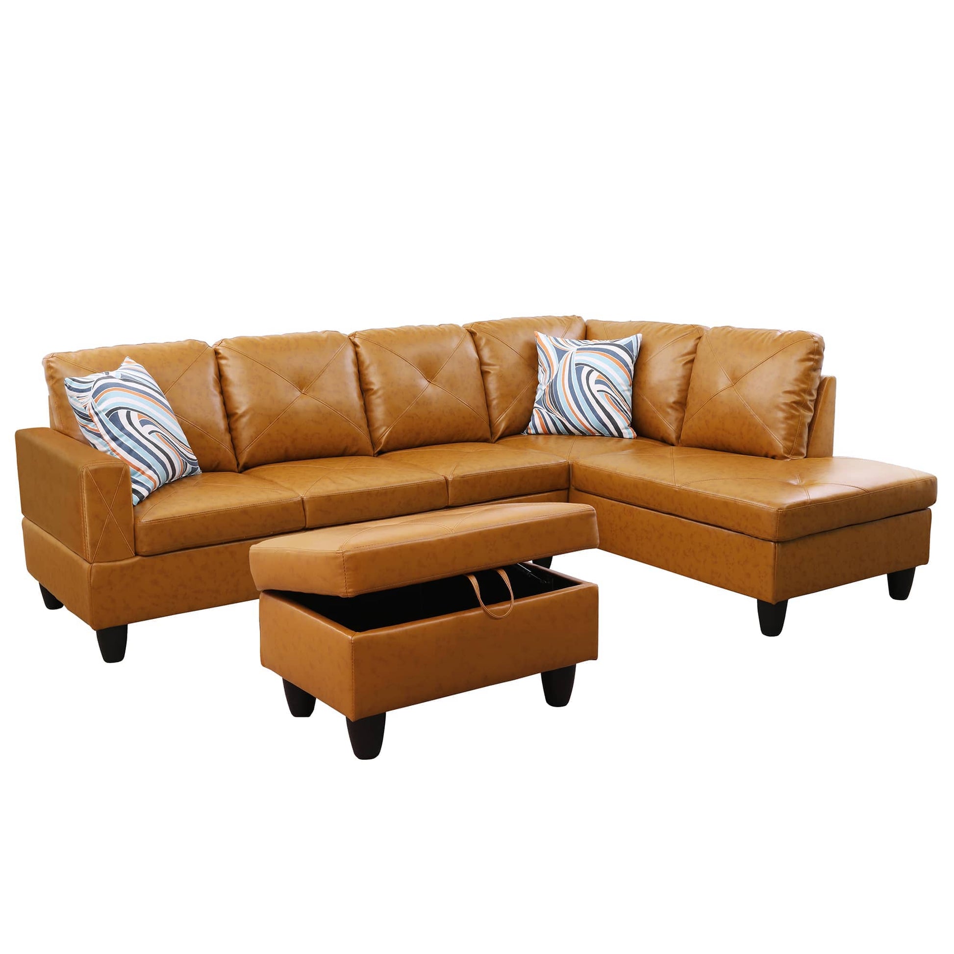 Tan faux leather sectional sofa with tufted cushions  storage ottoman