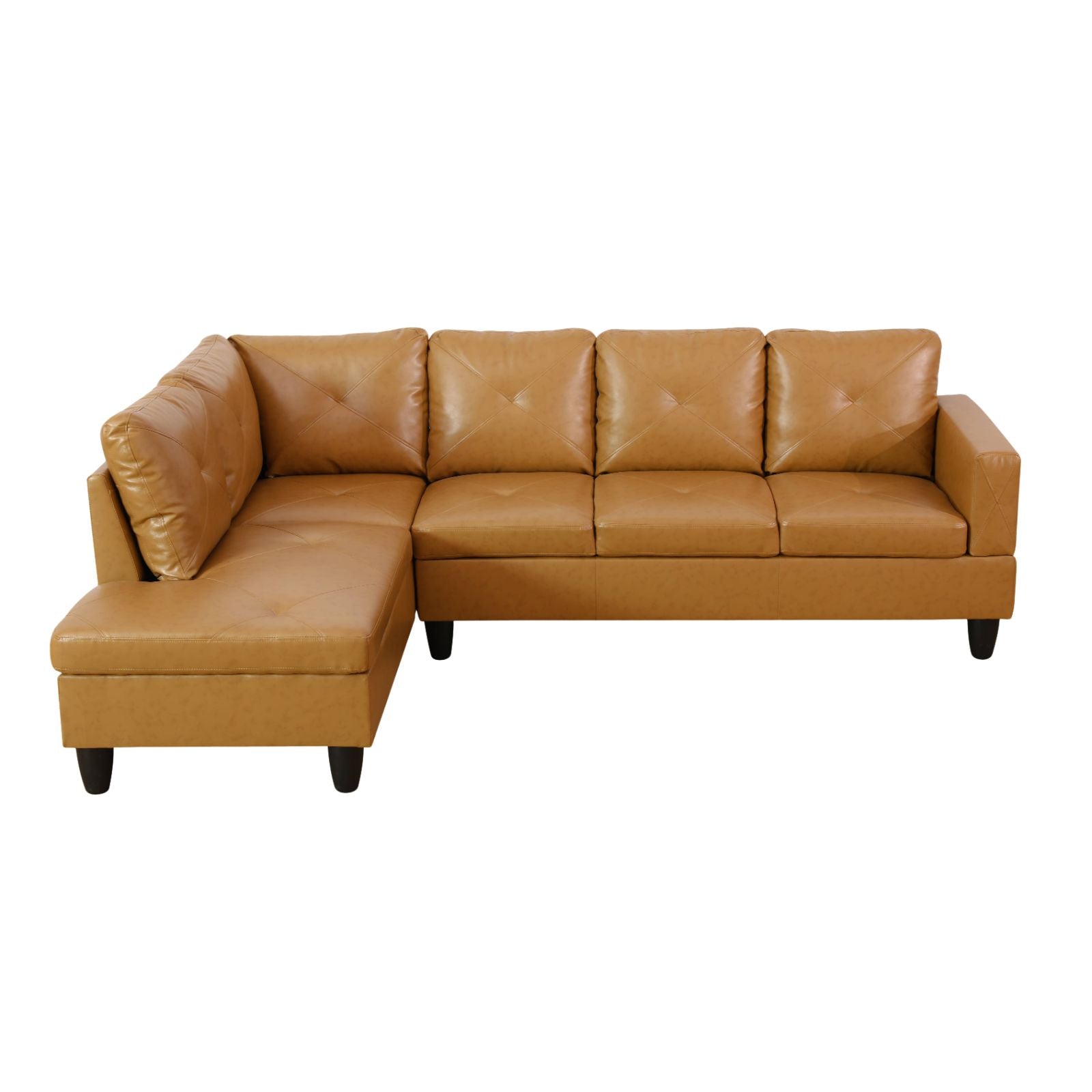 Tan faux leather sectional sofa with tufted back cushions
