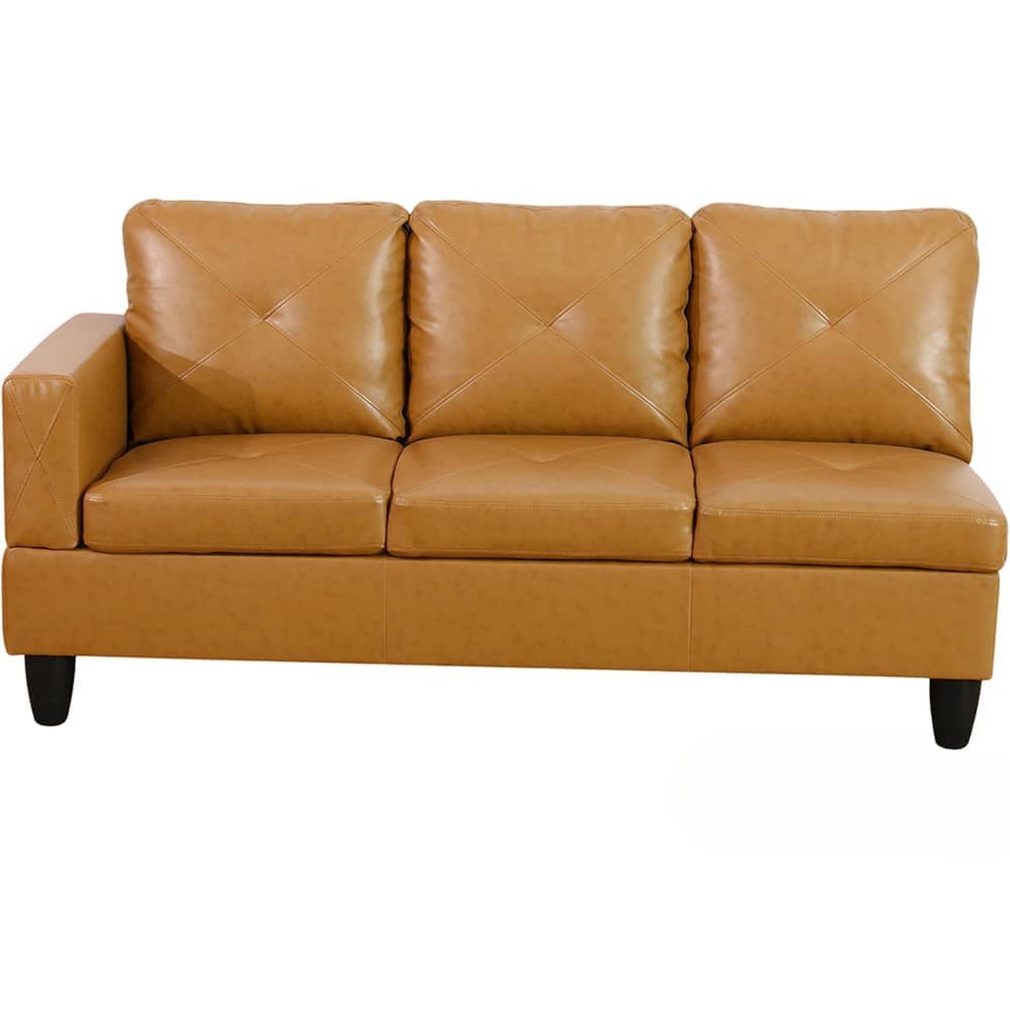 Tan leather sofa with tufted back cushions and a chaise on the left
