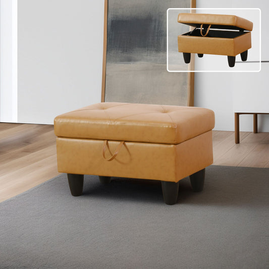 Tan leather tufted storage ottoman with hidden storage compartment