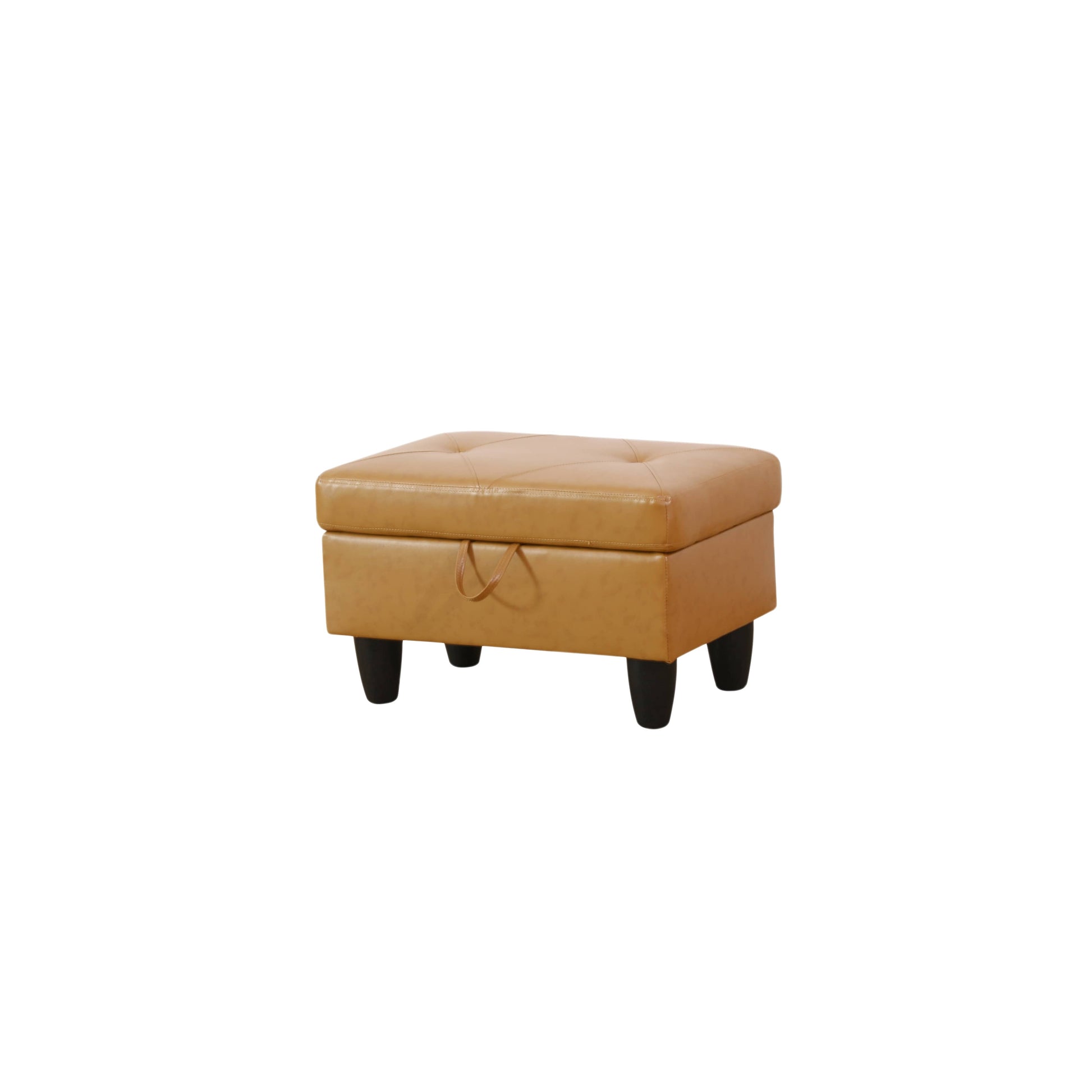 Tan tufted leather storage ottoman with dark wood legs