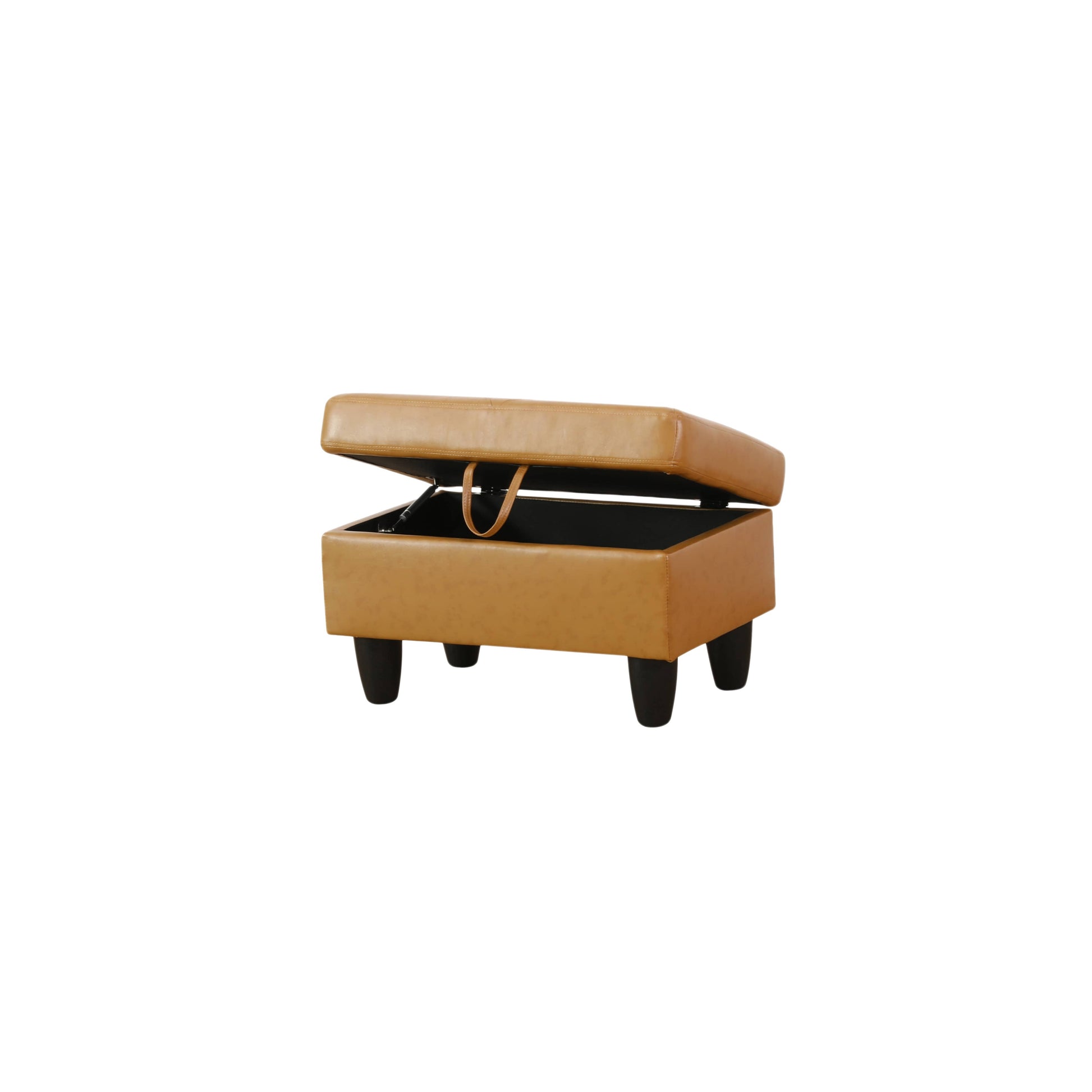 Tan faux leather storage ottoman with hinged lid open