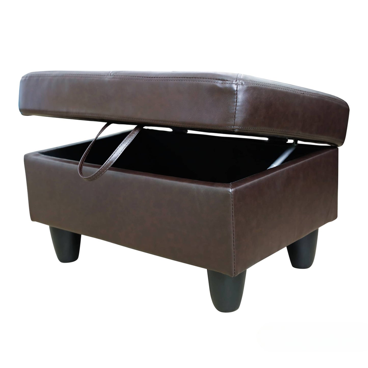 Brown faux leather storage ottoman with tufted lid open