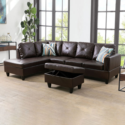 Dark brown faux leather sectional sofa with tufted cushions and storage ottoman