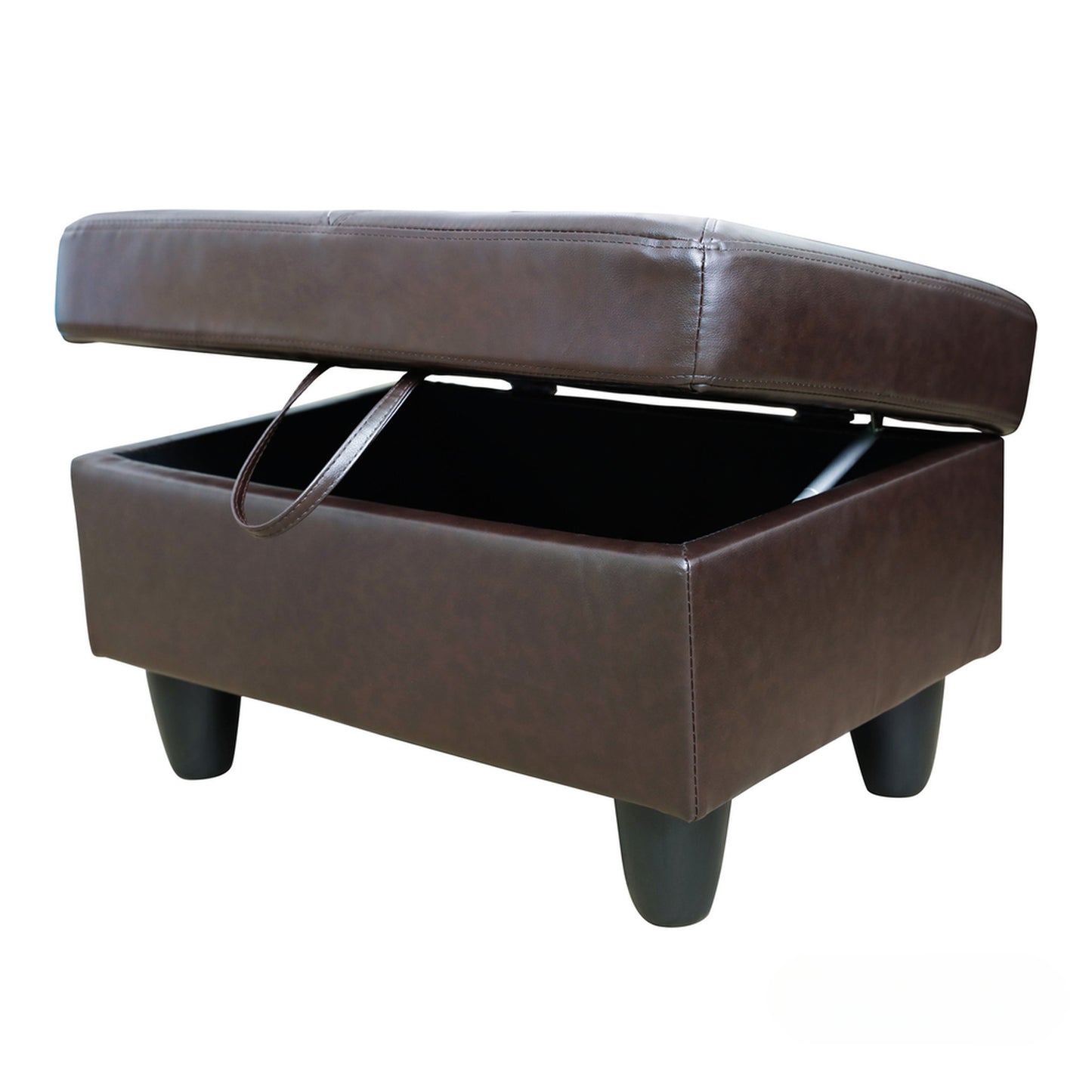 Dark brown faux leather storage ottoman with tufted lid