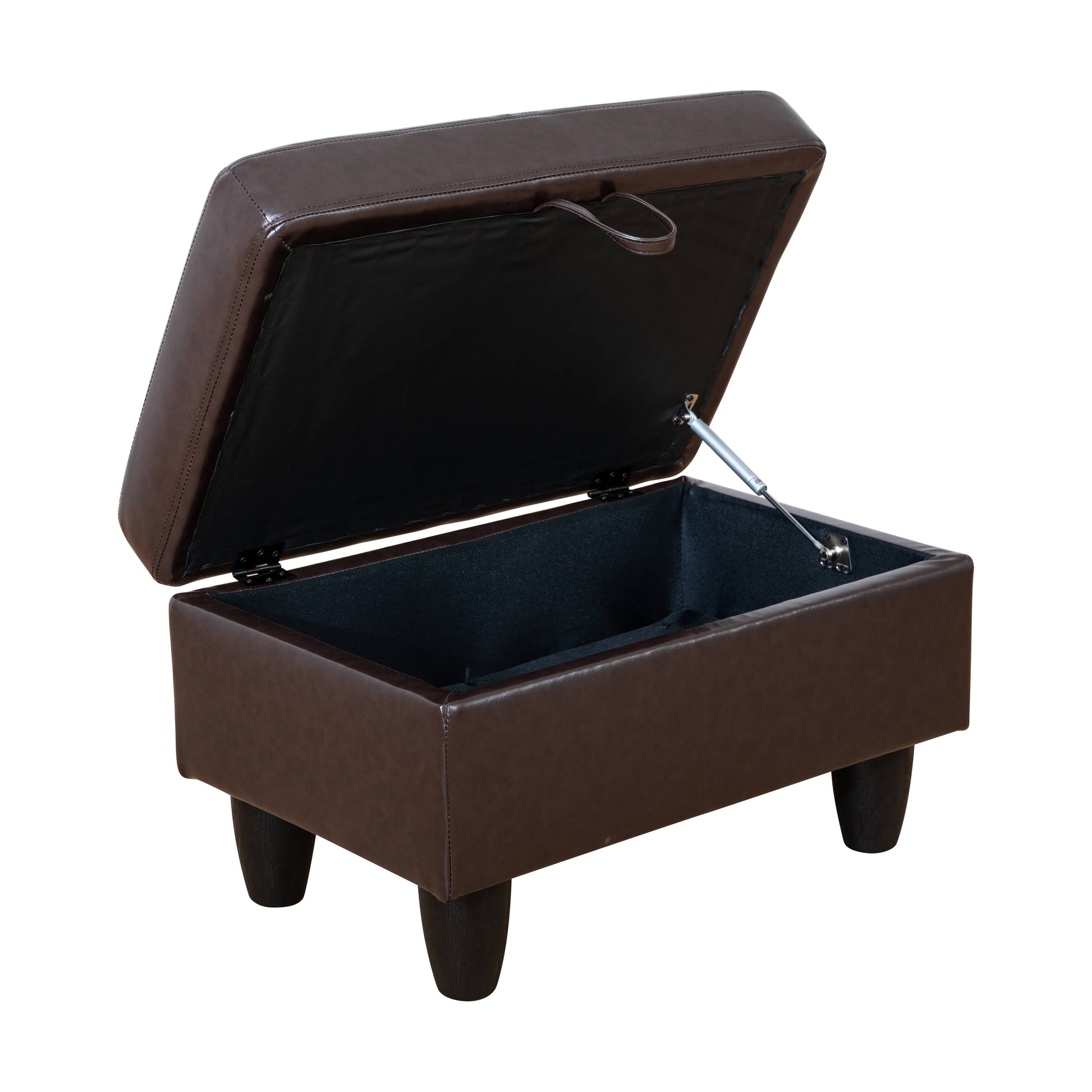 Brown faux leather storage ottoman with lifttop lid and tapered legs