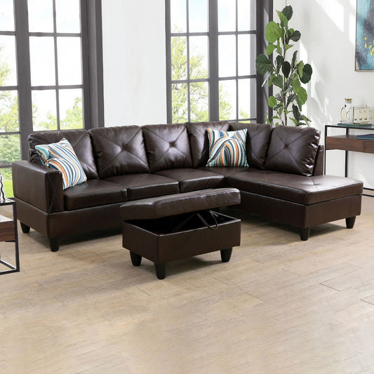 Dark brown faux leather sectional sofa with diamond tufting and matching storage ottoman