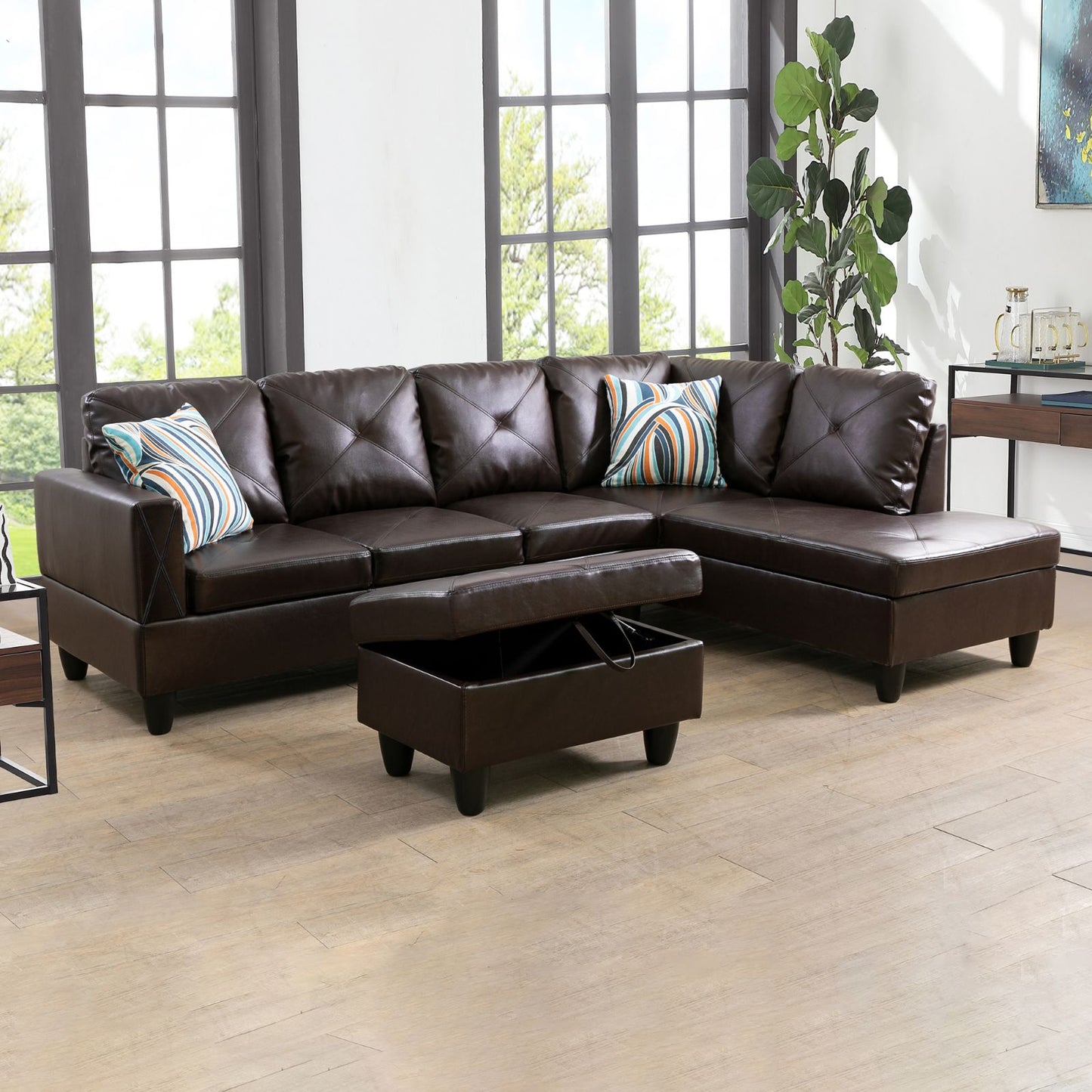 Dark brown faux leather sectional sofa with diamond tufting and matching storage ottoman