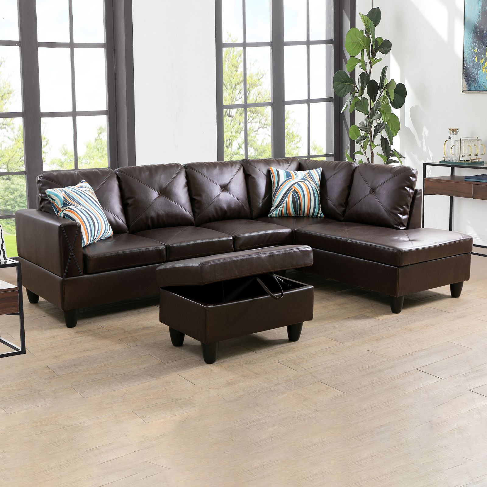 Dark brown faux leather sectional sofa with diamond tufting and matching storage ottoman
