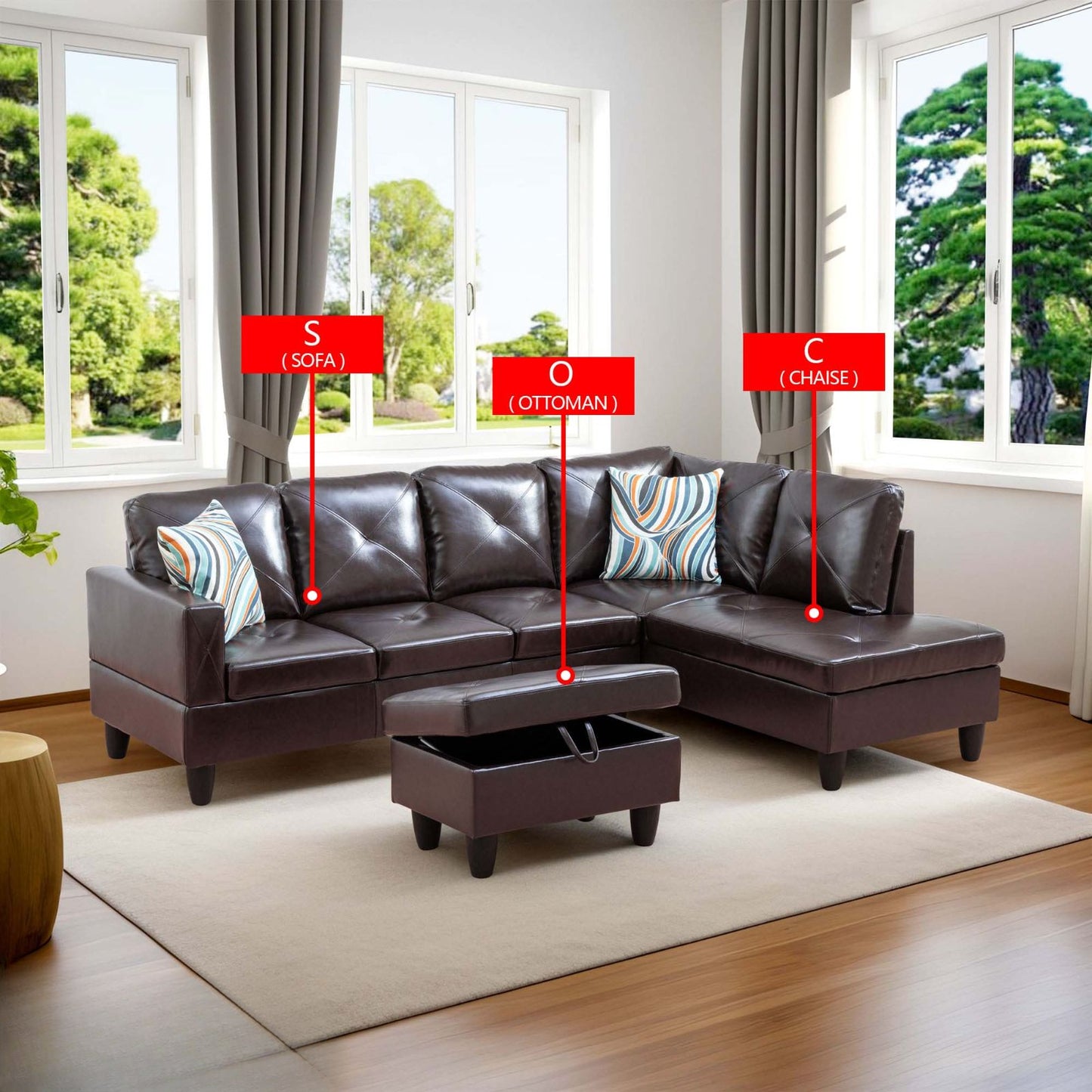 Dark brown faux leather sectional sofa with diamondtufted cushions