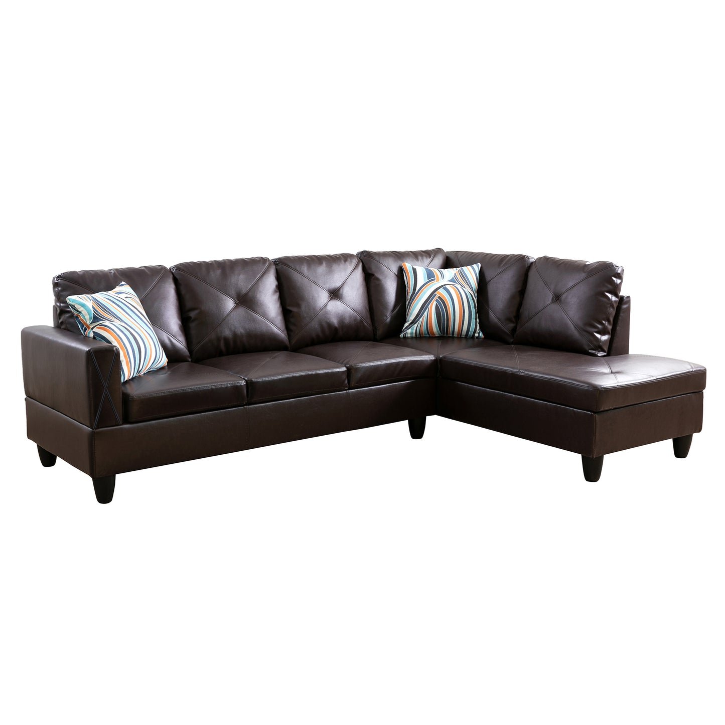Dark brown faux leather Lshaped sectional sofa with tufted cushions and decorative pillows