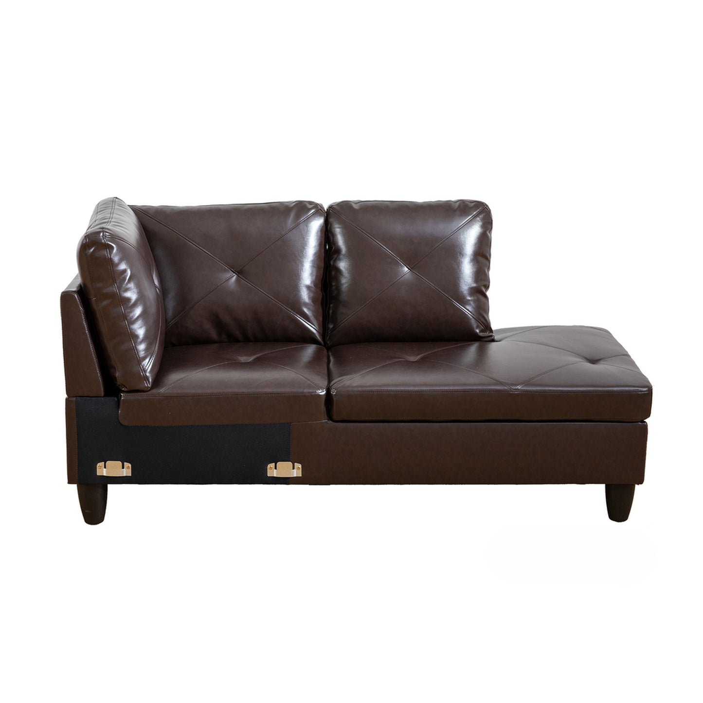 Brown faux leather sectional sofa with tufted cushions and storage