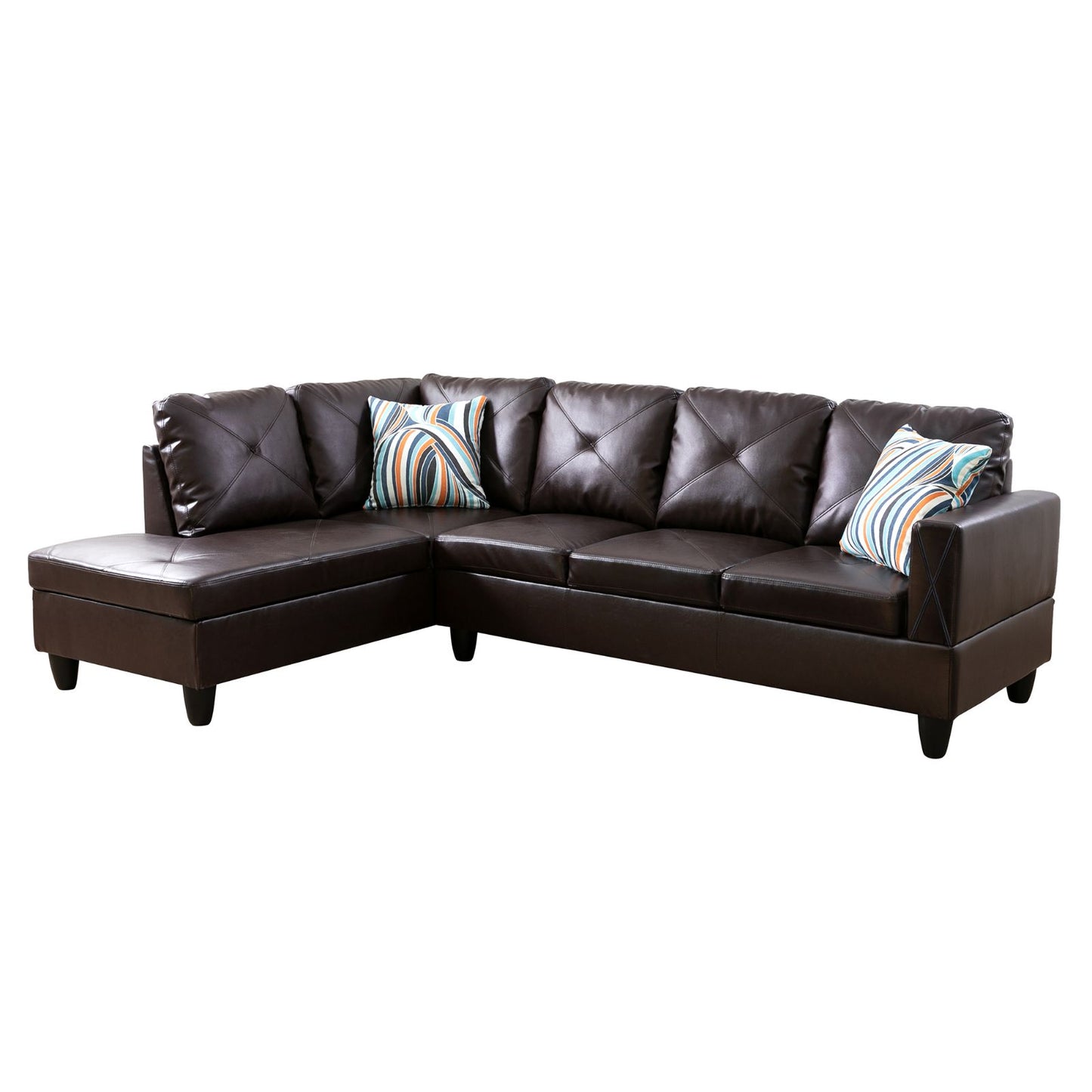 Brown leather sectional sofa with tufted cushions and decorative pillows