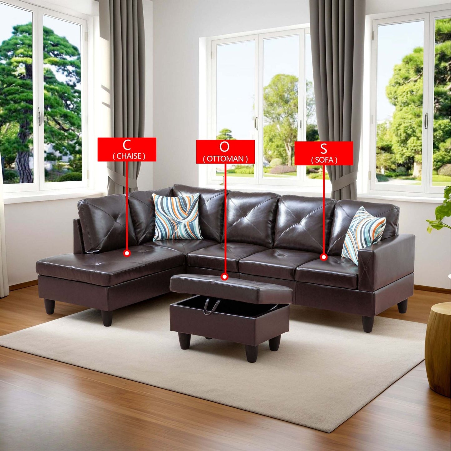 Dark brown leather sectional sofa with chaise lounge and ottoman