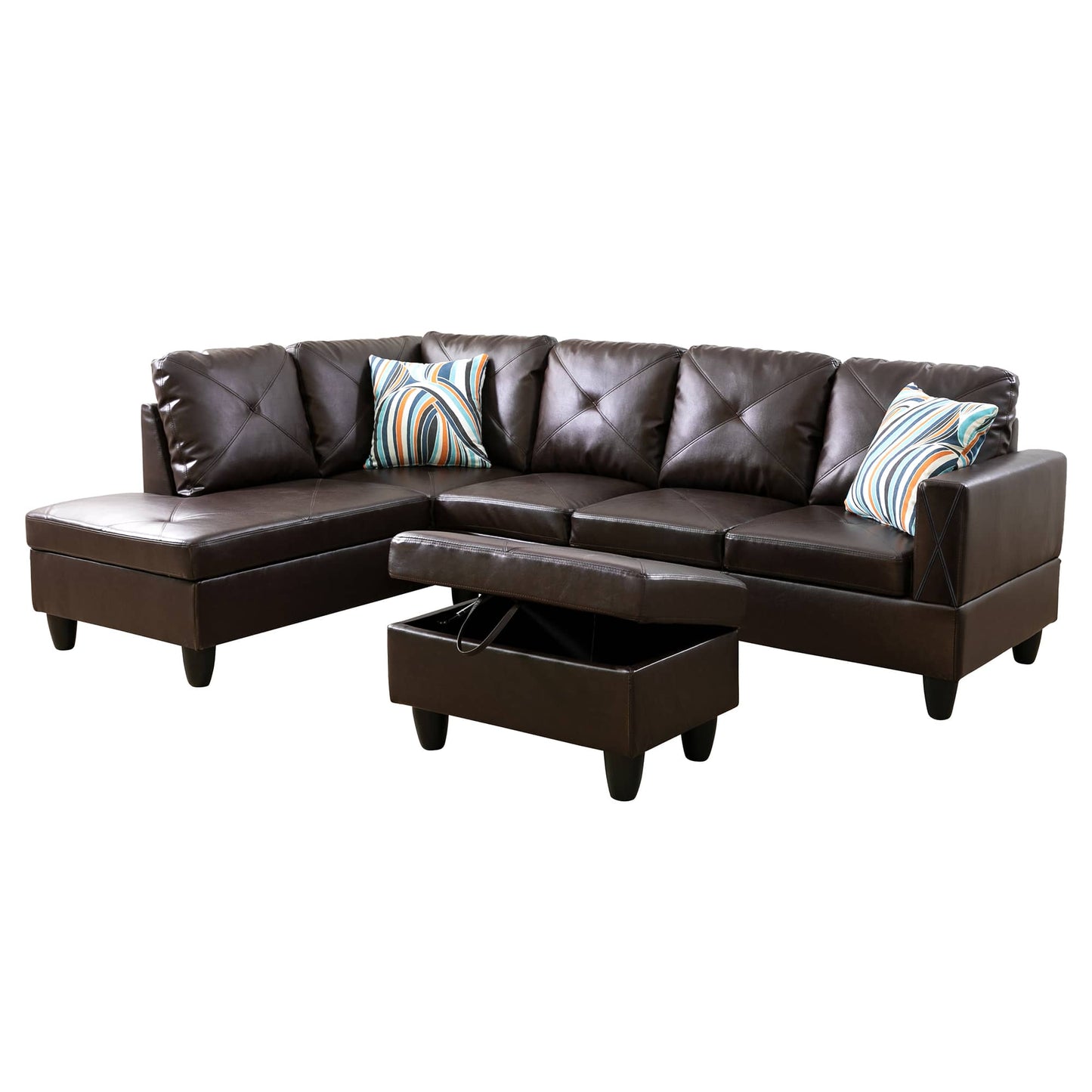 Brown faux leather sectional sofa with tufted cushions and a storage ottoman