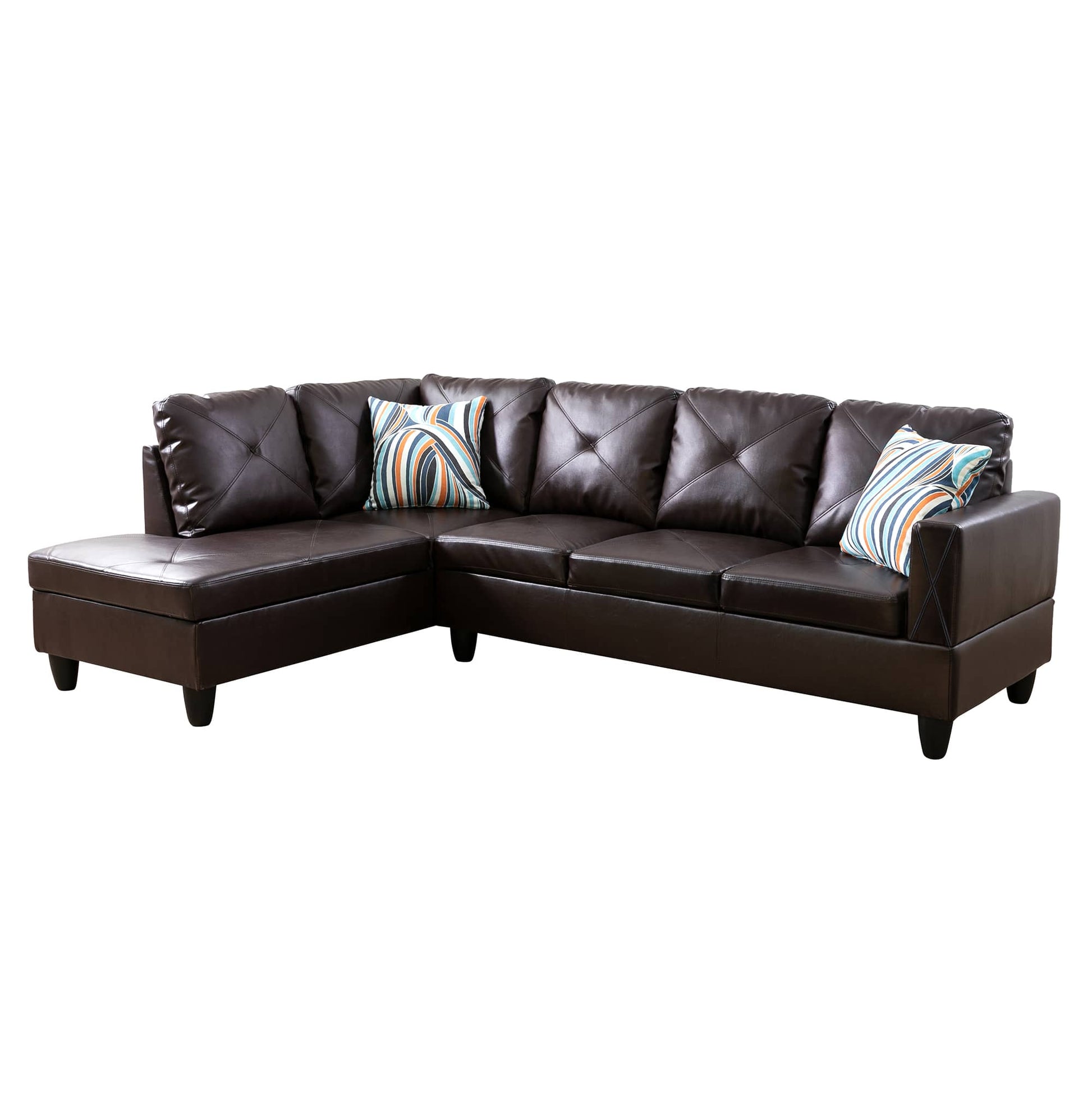 Brown faux leather sectional sofa with diamond tufting and decorative pillows