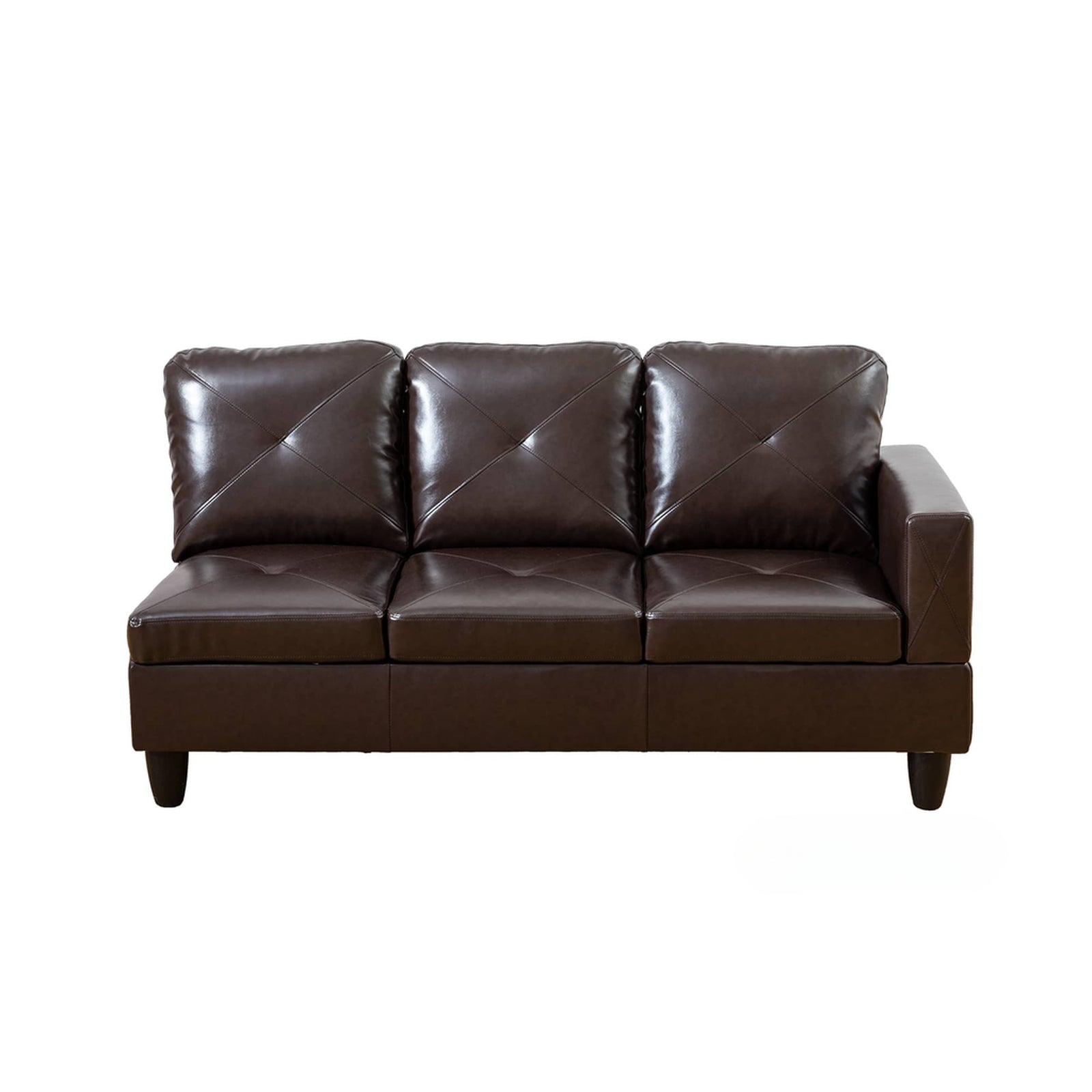 Dark brown faux leather sectional sofa with diamond tufting