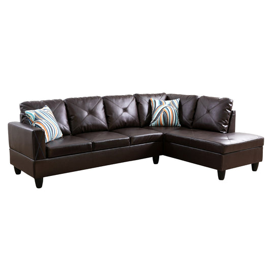 Dark brown faux leather sectional sofa with tufted cushions and patterned throw pillows