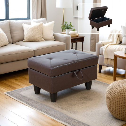 Brown faux leather tufted storage ottoman with hidden compartment