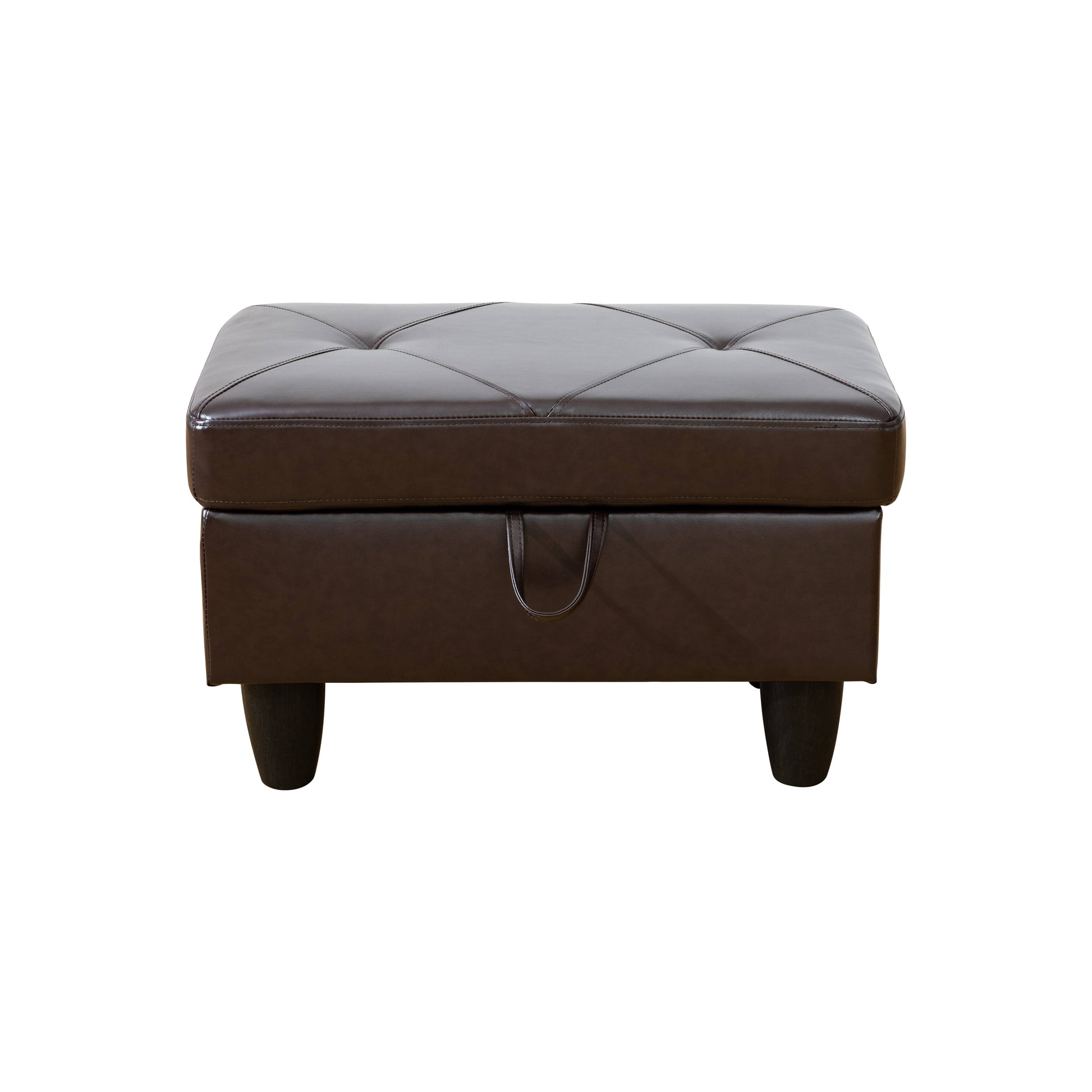 Brown faux leather storage ottoman with diamond tufting and a lifttop lid