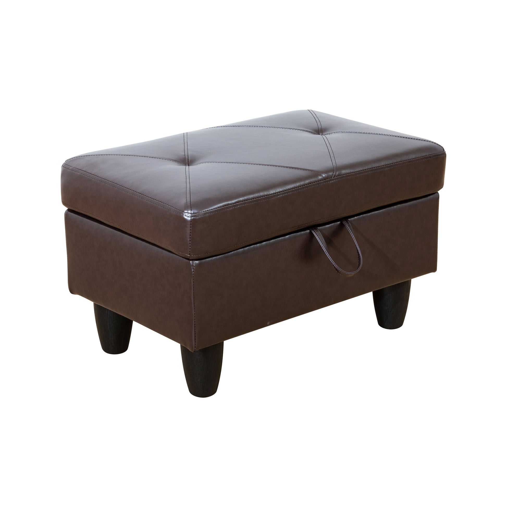 Tufted dark brown faux leather storage ottoman with a hinged lid and four tapered legs