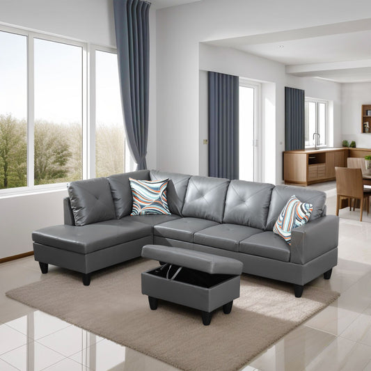 Gray faux leather sectional sofa with tufted cushions and storage ottoman