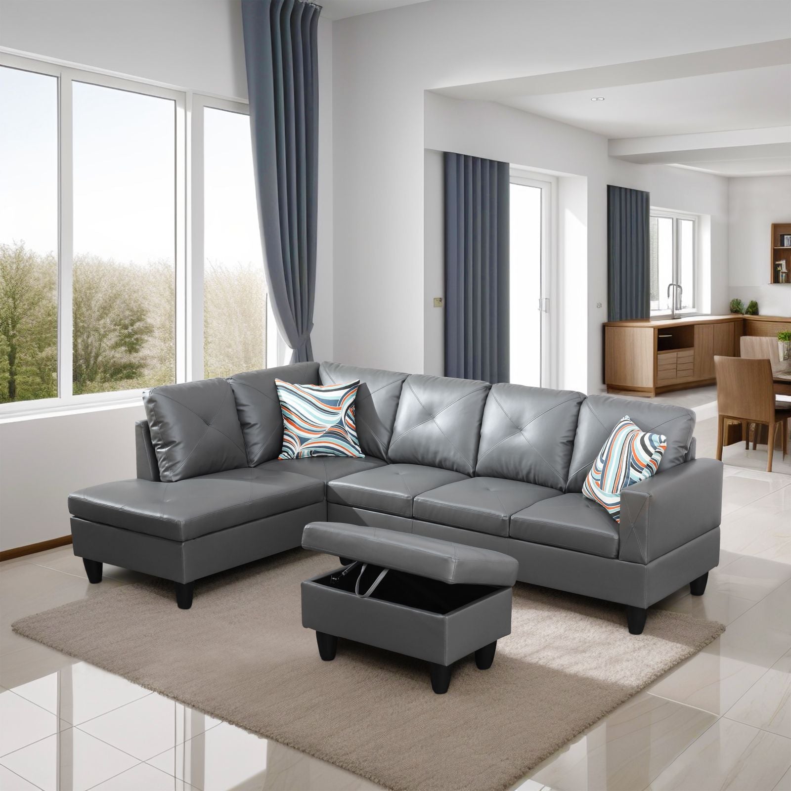Gray faux leather sectional sofa with tufted cushions and storage ottoman