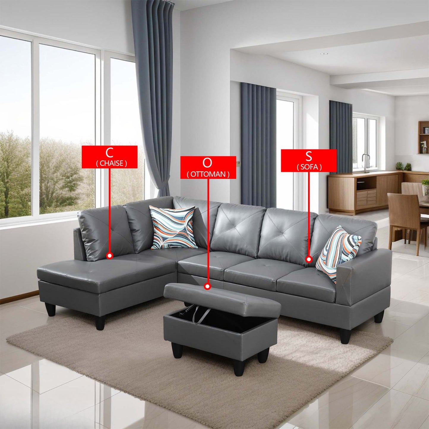 Gray faux leather Lshaped sectional sofa with tufted cushions and storage ottoman
