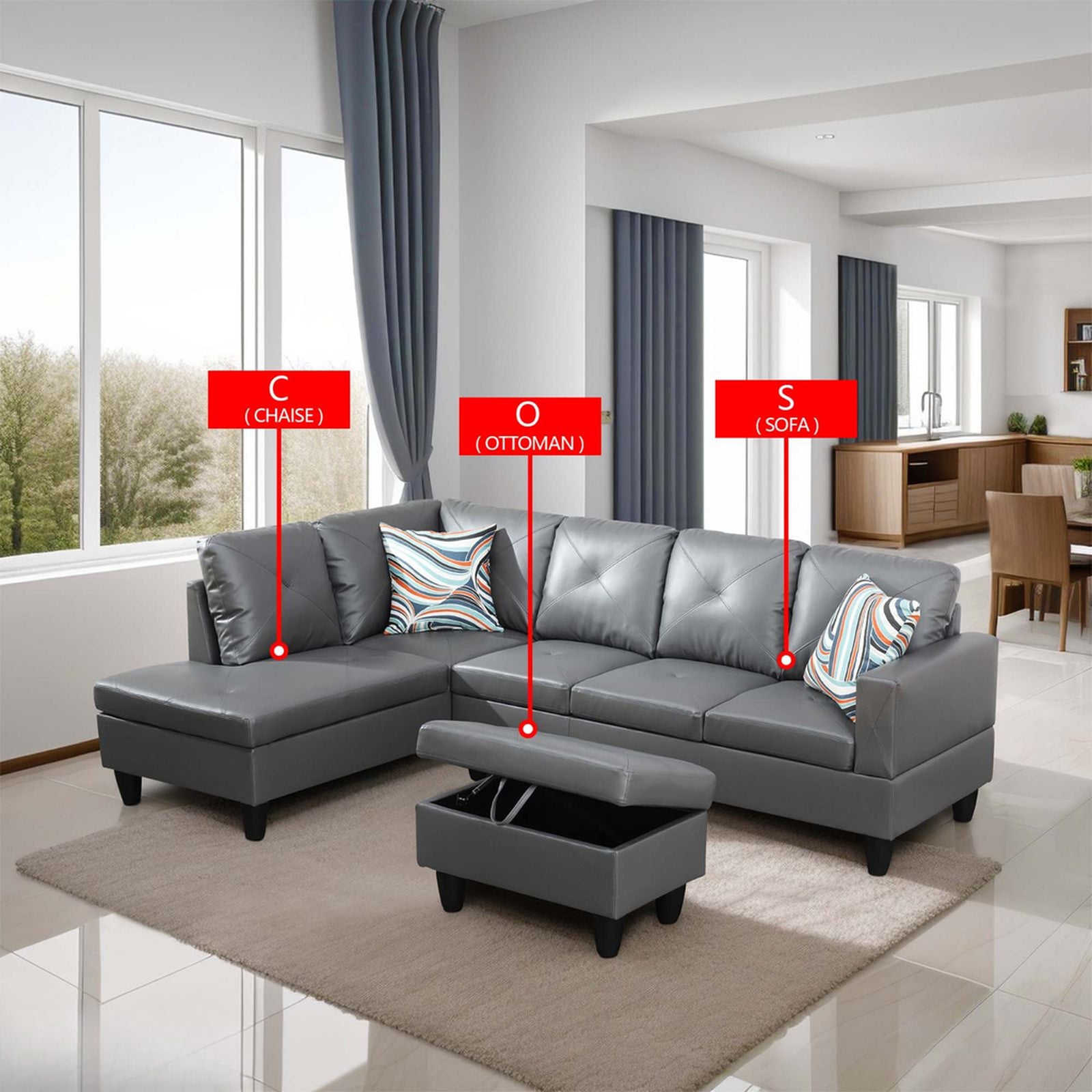 Gray faux leather Lshaped sectional sofa with tufted cushions and storage ottoman