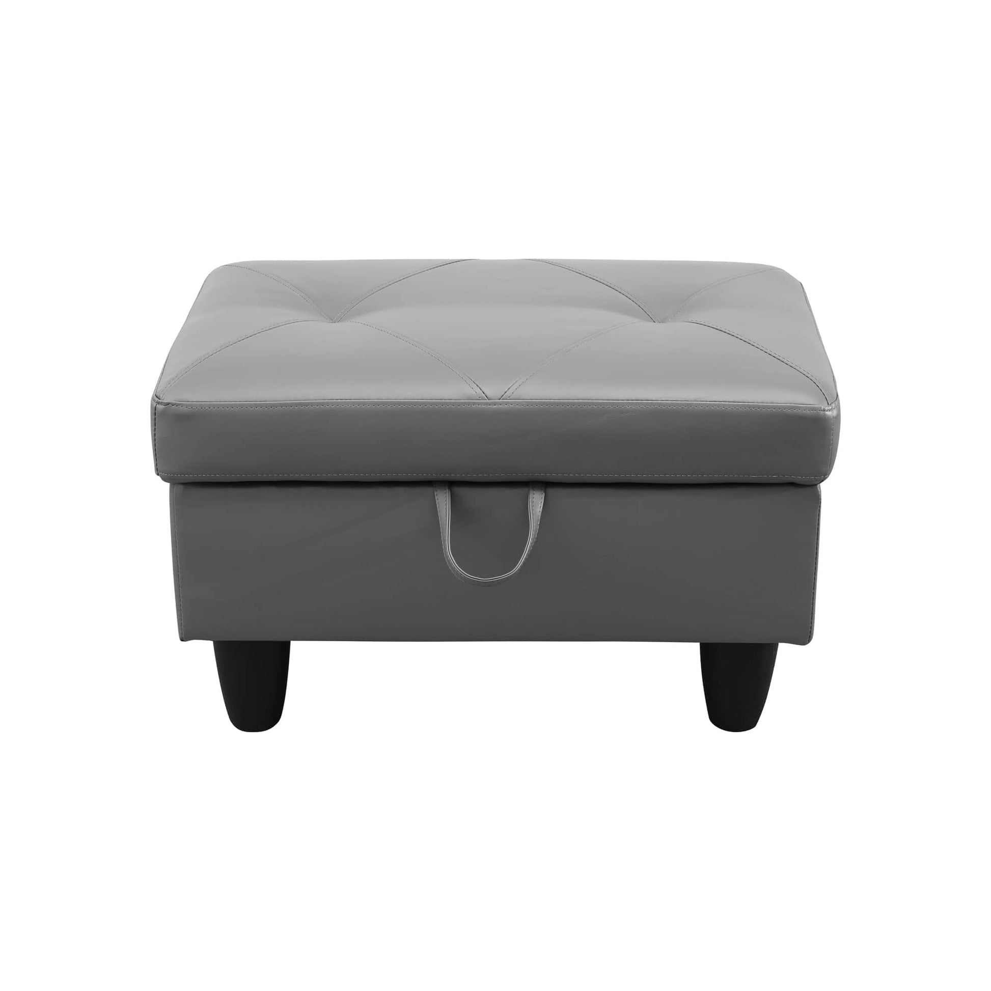 Gray tufted faux leather storage ottoman with black wooden legs