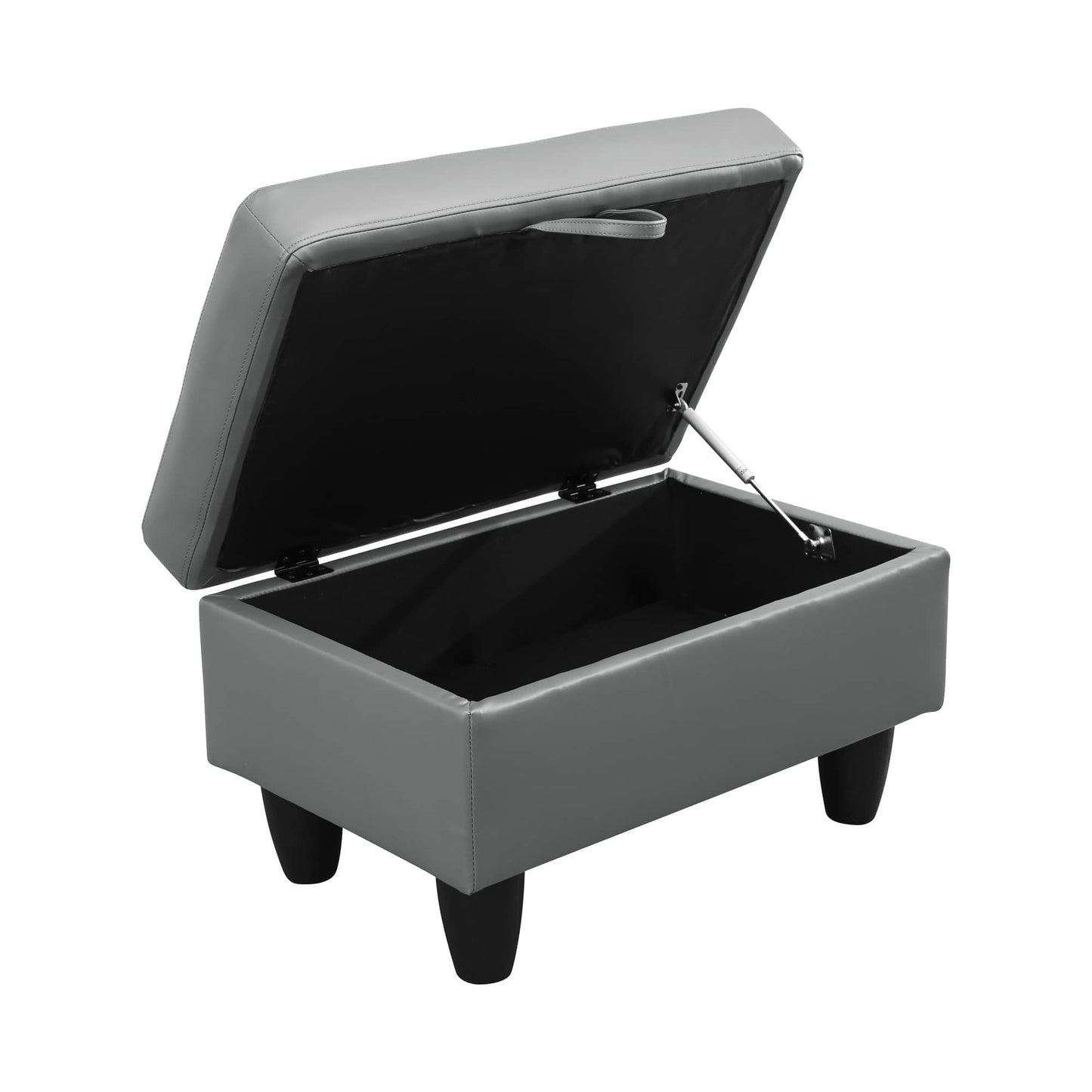 Gray faux leather storage ottoman with lifttop lid and black legs