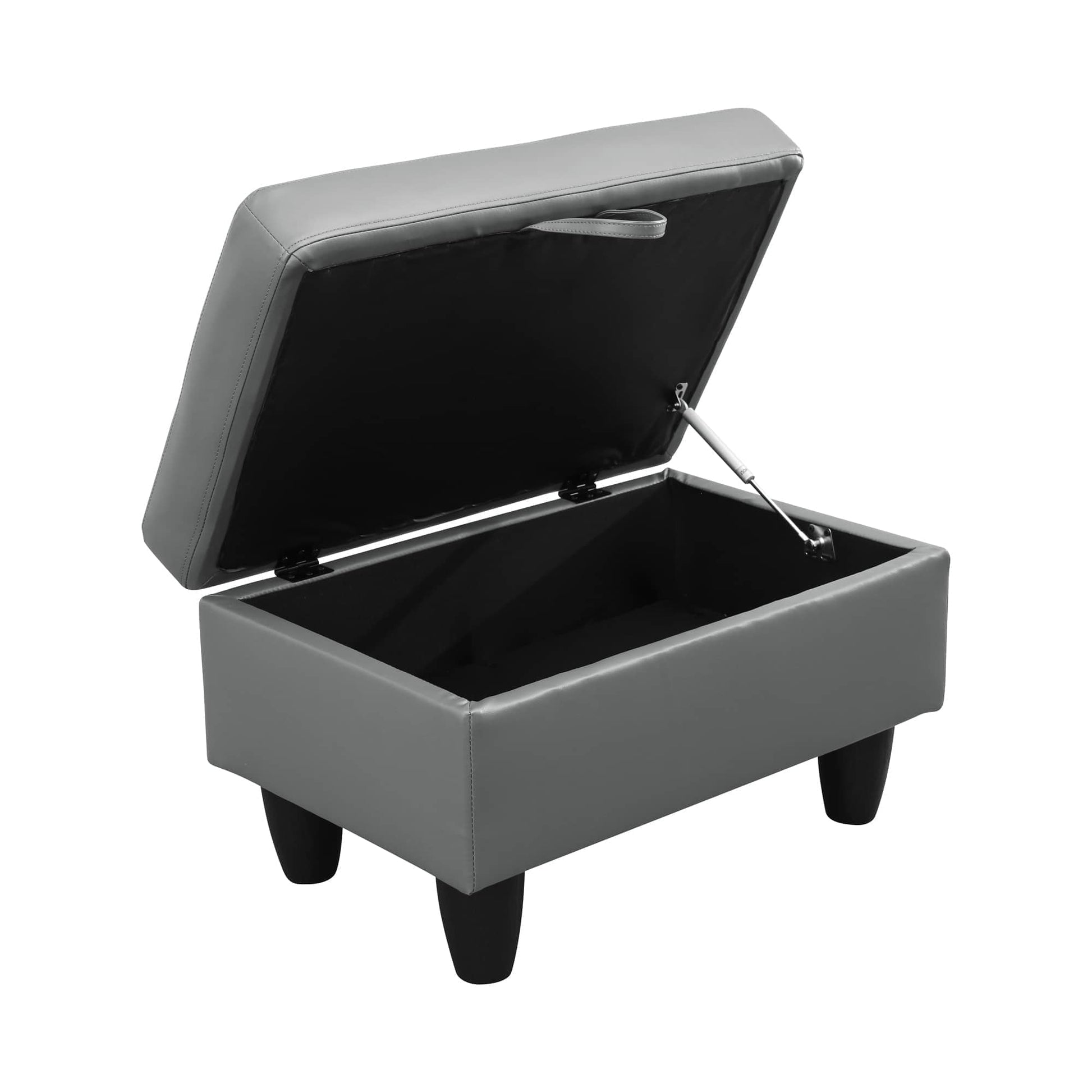 Gray faux leather storage ottoman with lifttop lid and black legs