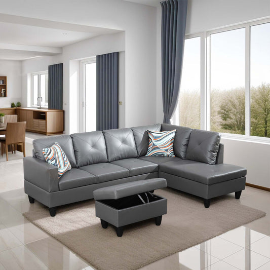 Gray sectional sofa with tufted cushions and storage ottoman