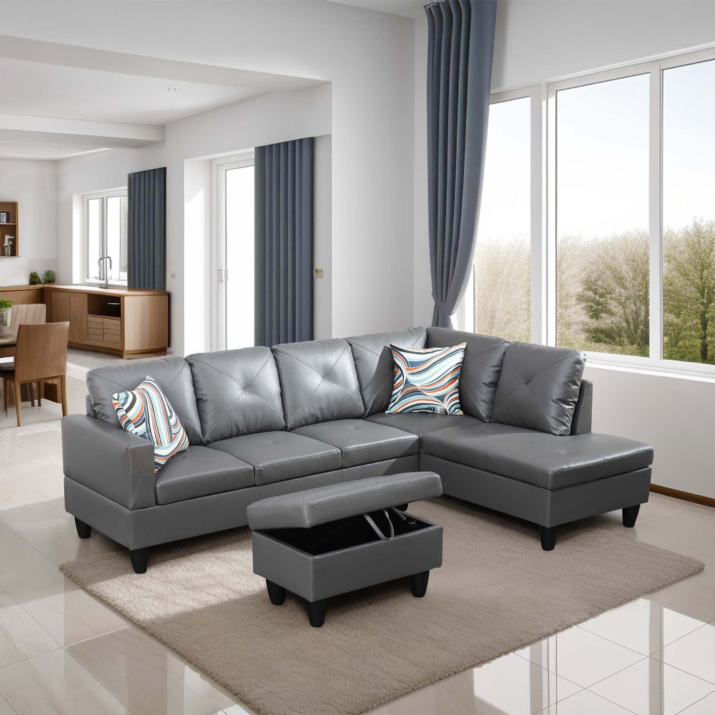 Gray sectional sofa with tufted cushions and storage ottoman