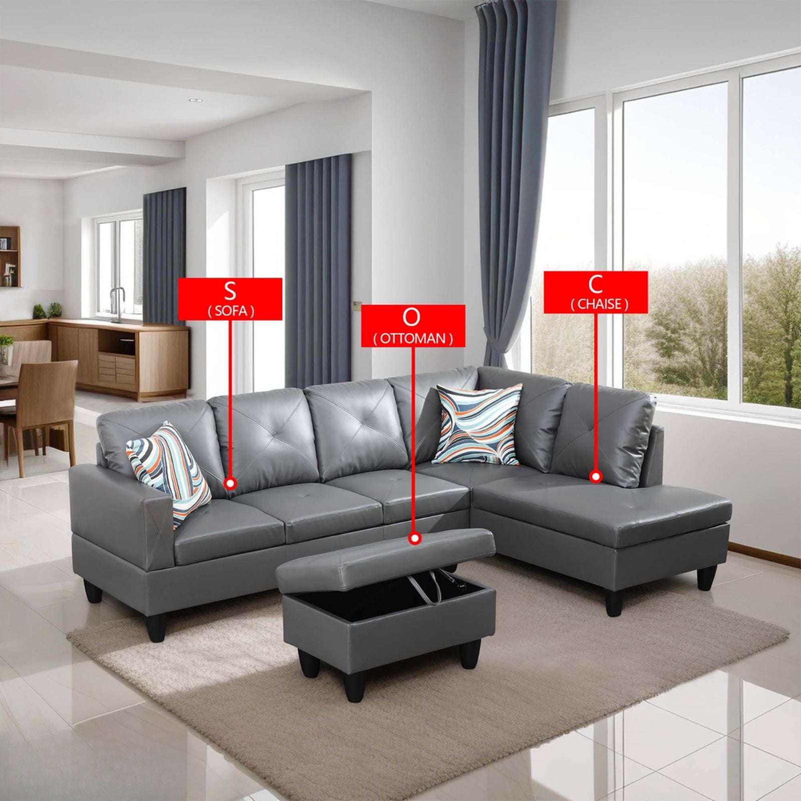 Gray faux leather sectional sofa with tufted cushions and a storage ottoman