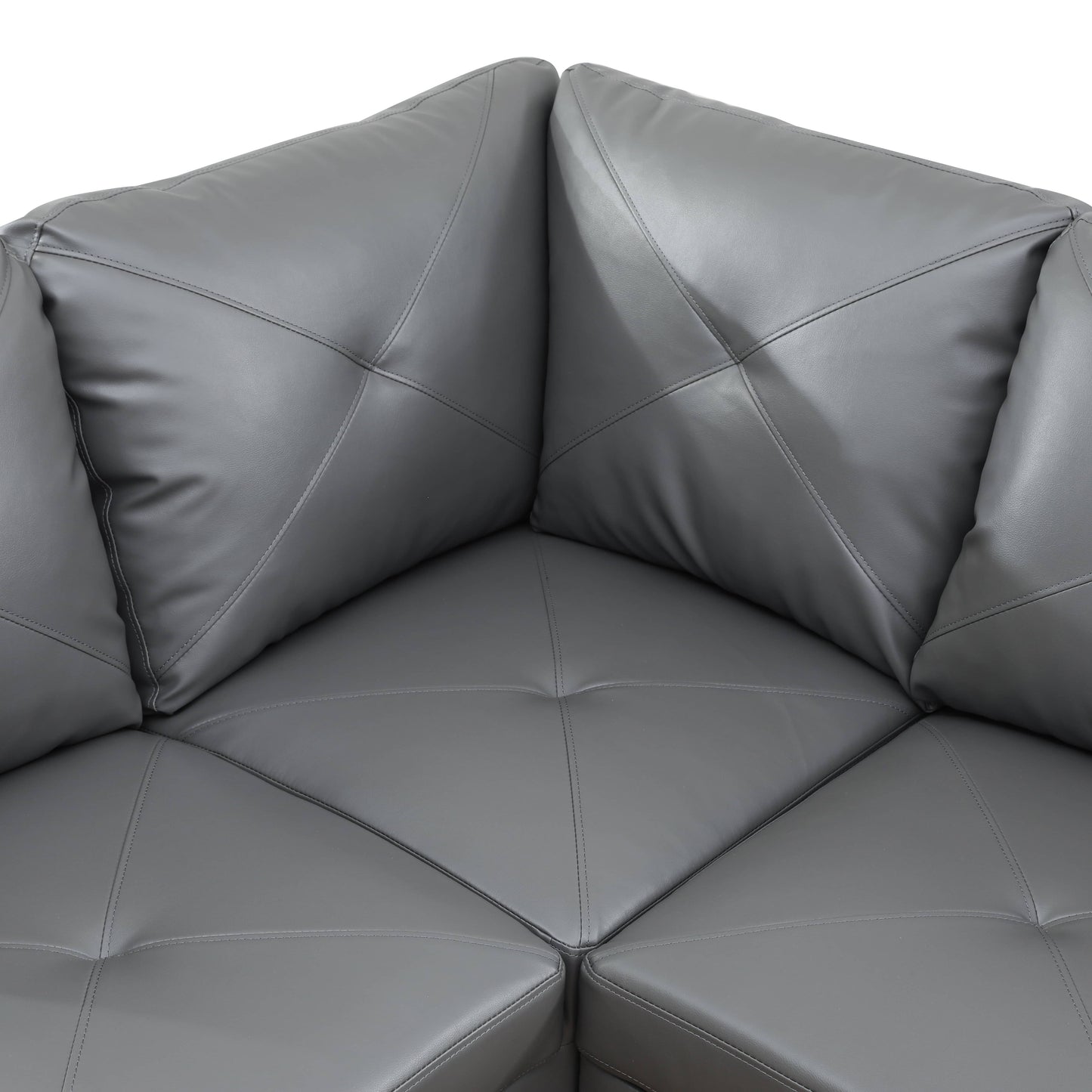 Gray leather sectional sofa corner with diamond tufted cushions