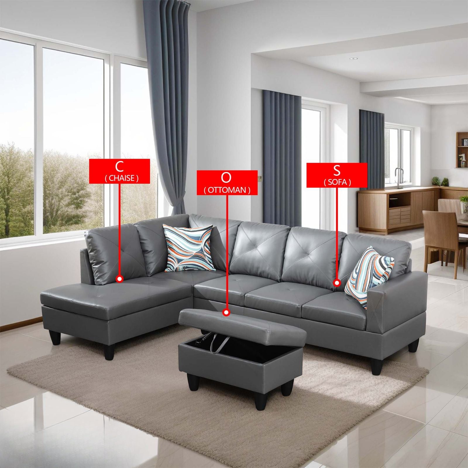 Gray faux leather sectional sofa with chaise and storage ottoman