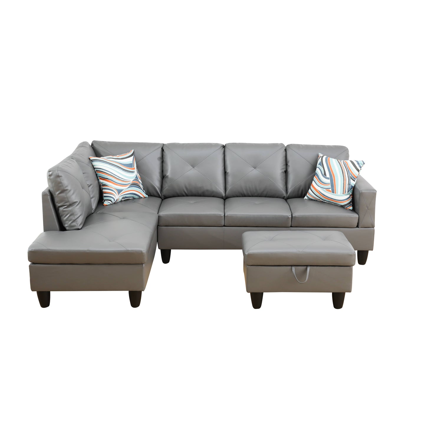 Gray faux leather Lshaped sectional sofa with tufted seat cushions and two throw pillows