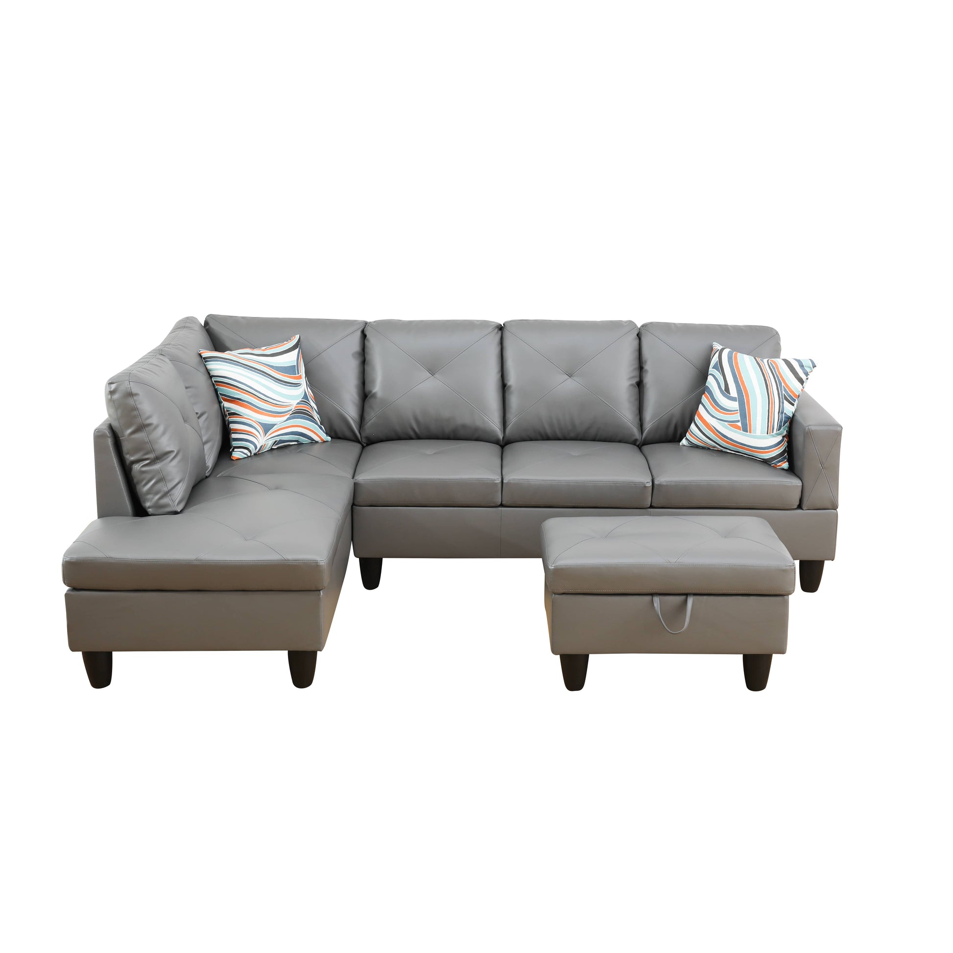Gray faux leather Lshaped sectional sofa with tufted seat cushions and two throw pillows