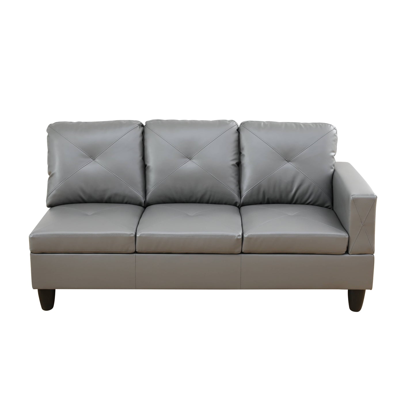 Grey leather sectional sofa with tufted cushions and modern armrest