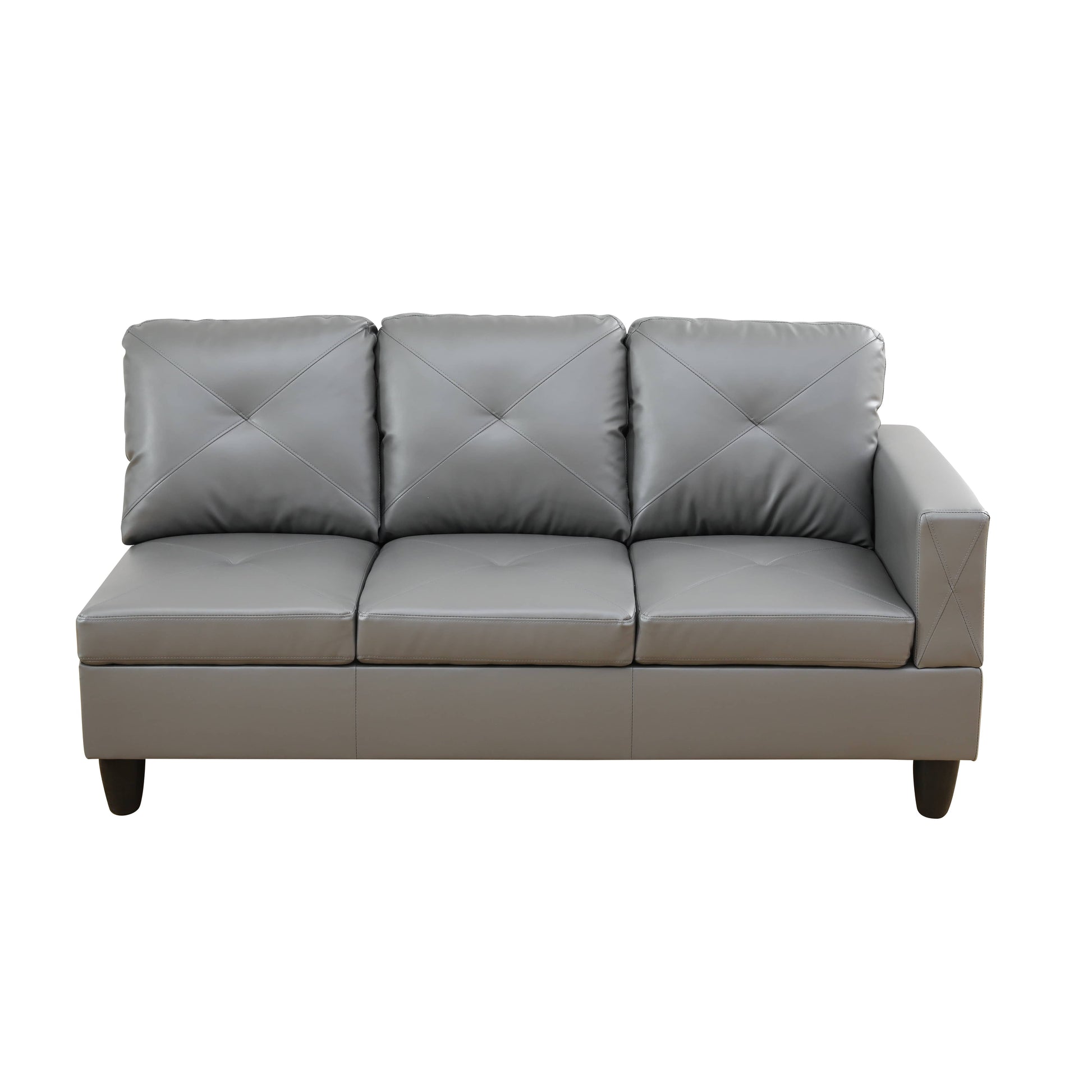 Grey leather sectional sofa with tufted cushions and modern armrest